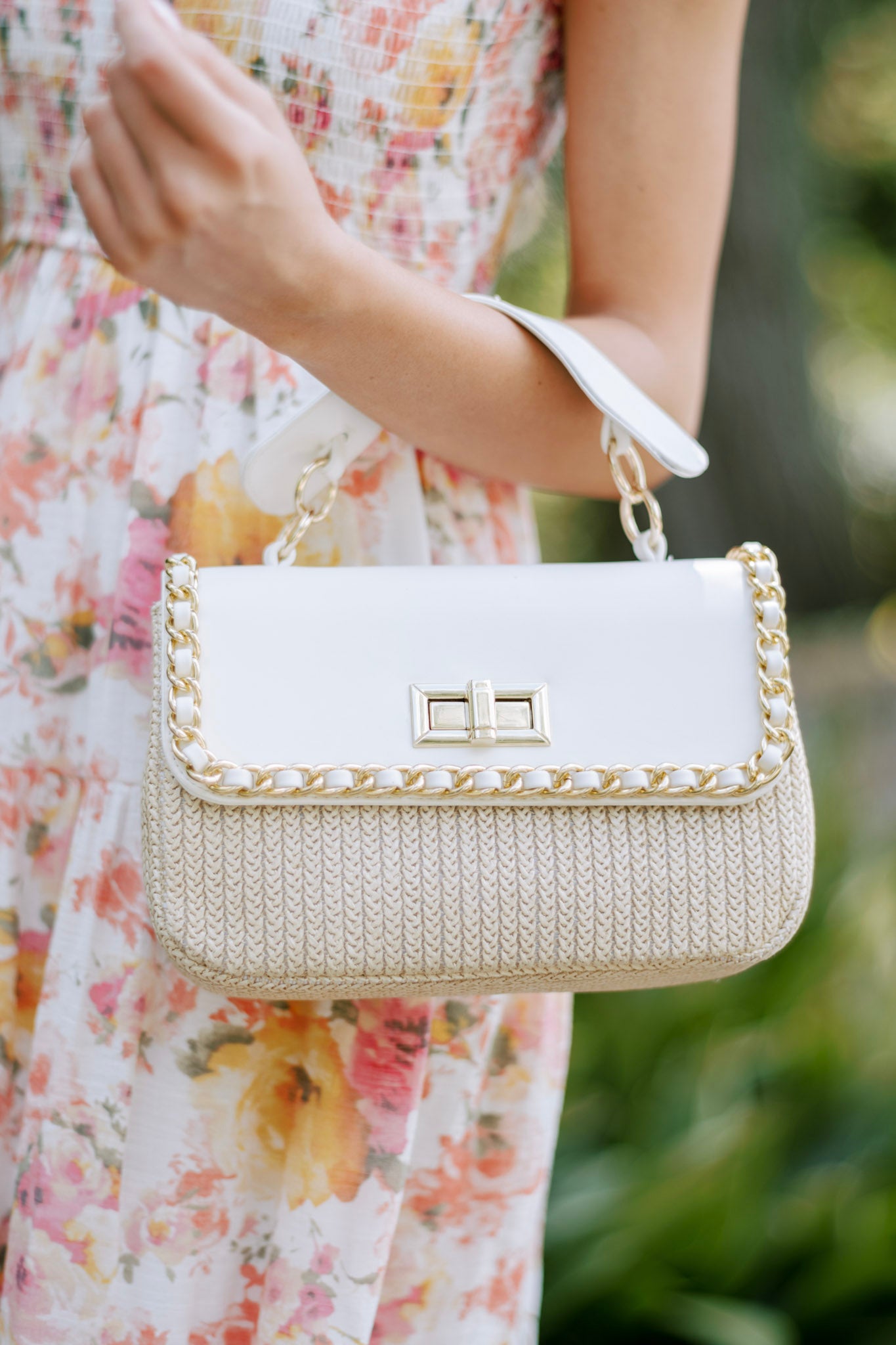 Expressive Echoes White Rattan Handbag