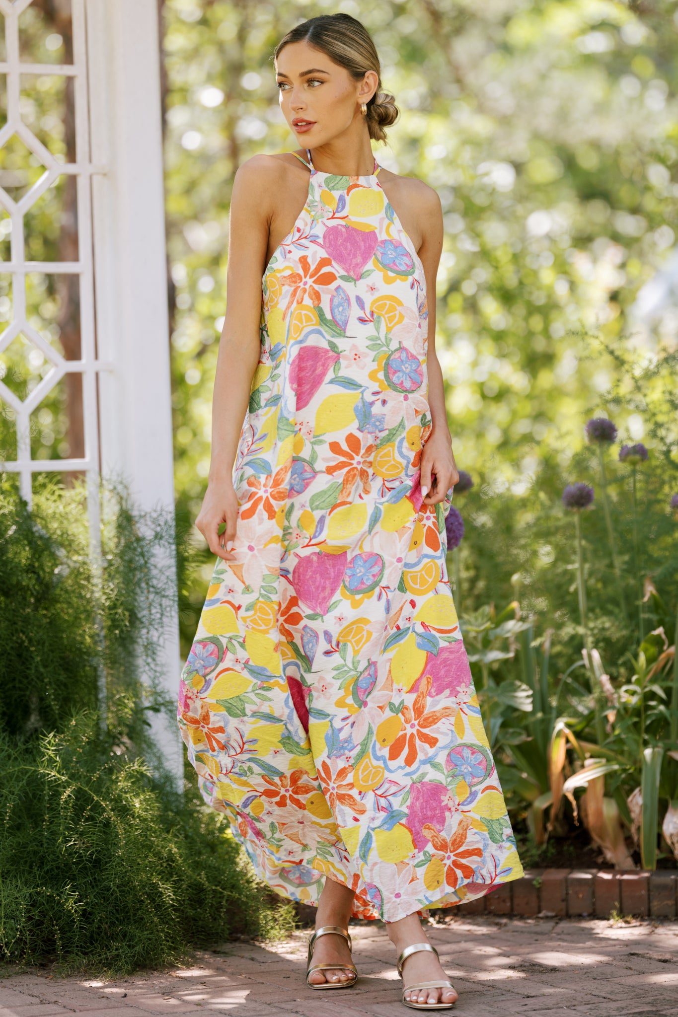 Wildflower Whimsy Ivory Multi Floral Halter Maxi Dress