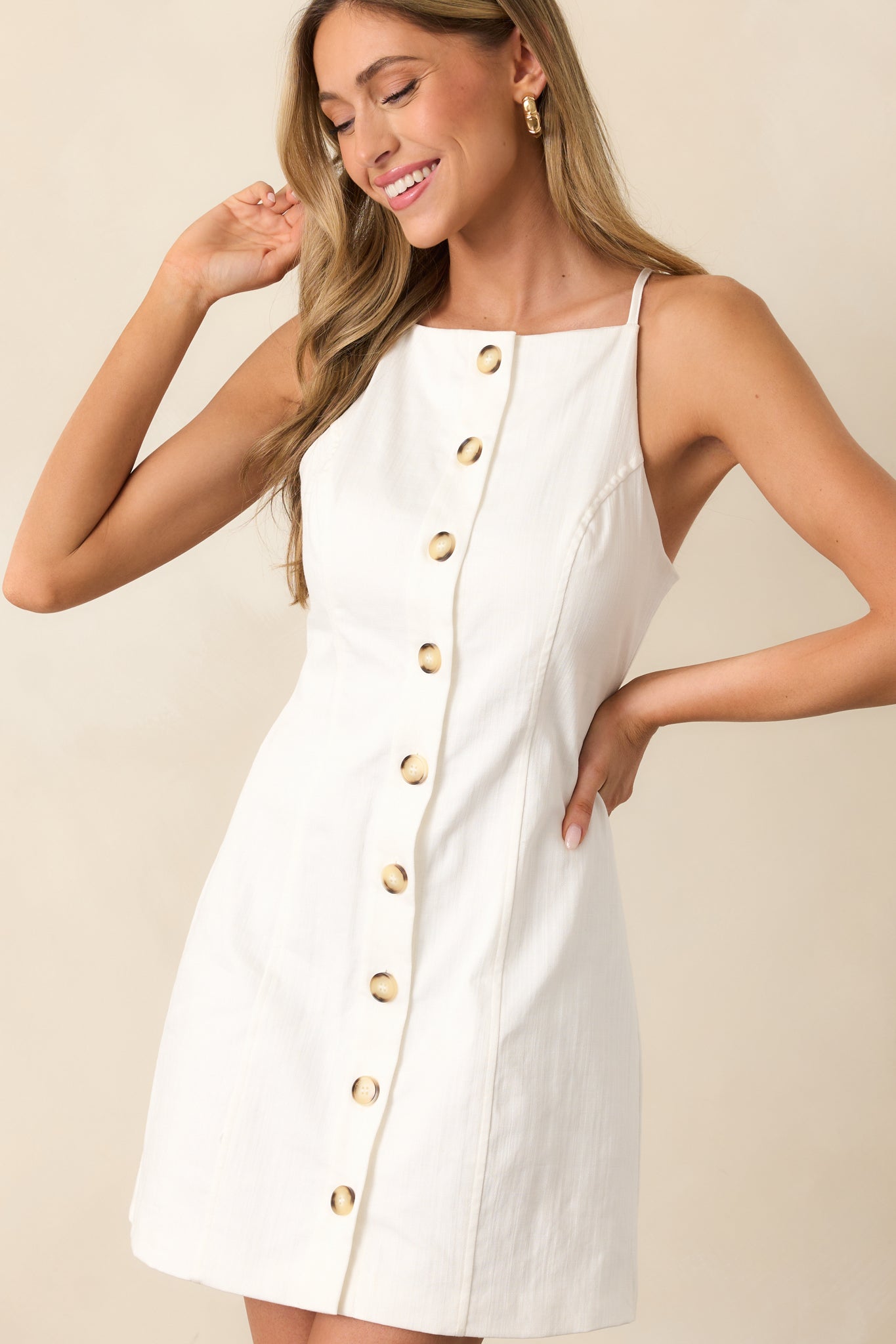 Walking The Boardwalk Ivory Button Front Mini Dress