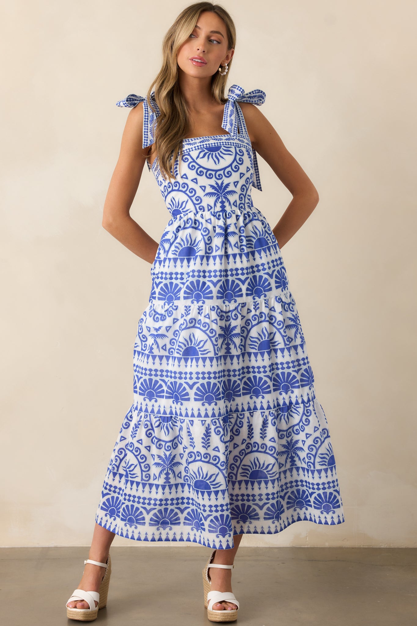 Afternoon Sips Cotton Blue Tropical Print Maxi Dress