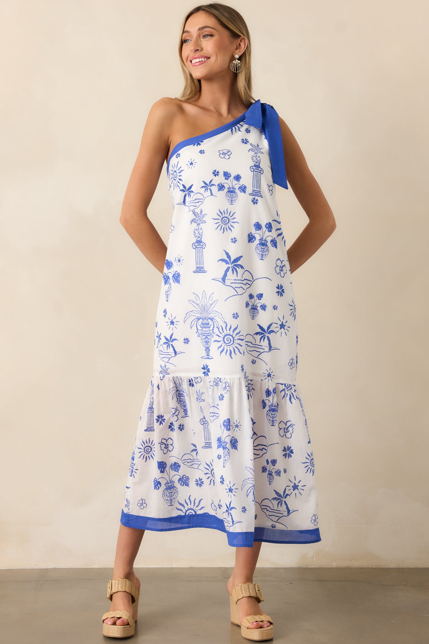 Mediterranean Dream Blue Tropical Print One Shoulder Midi Dress