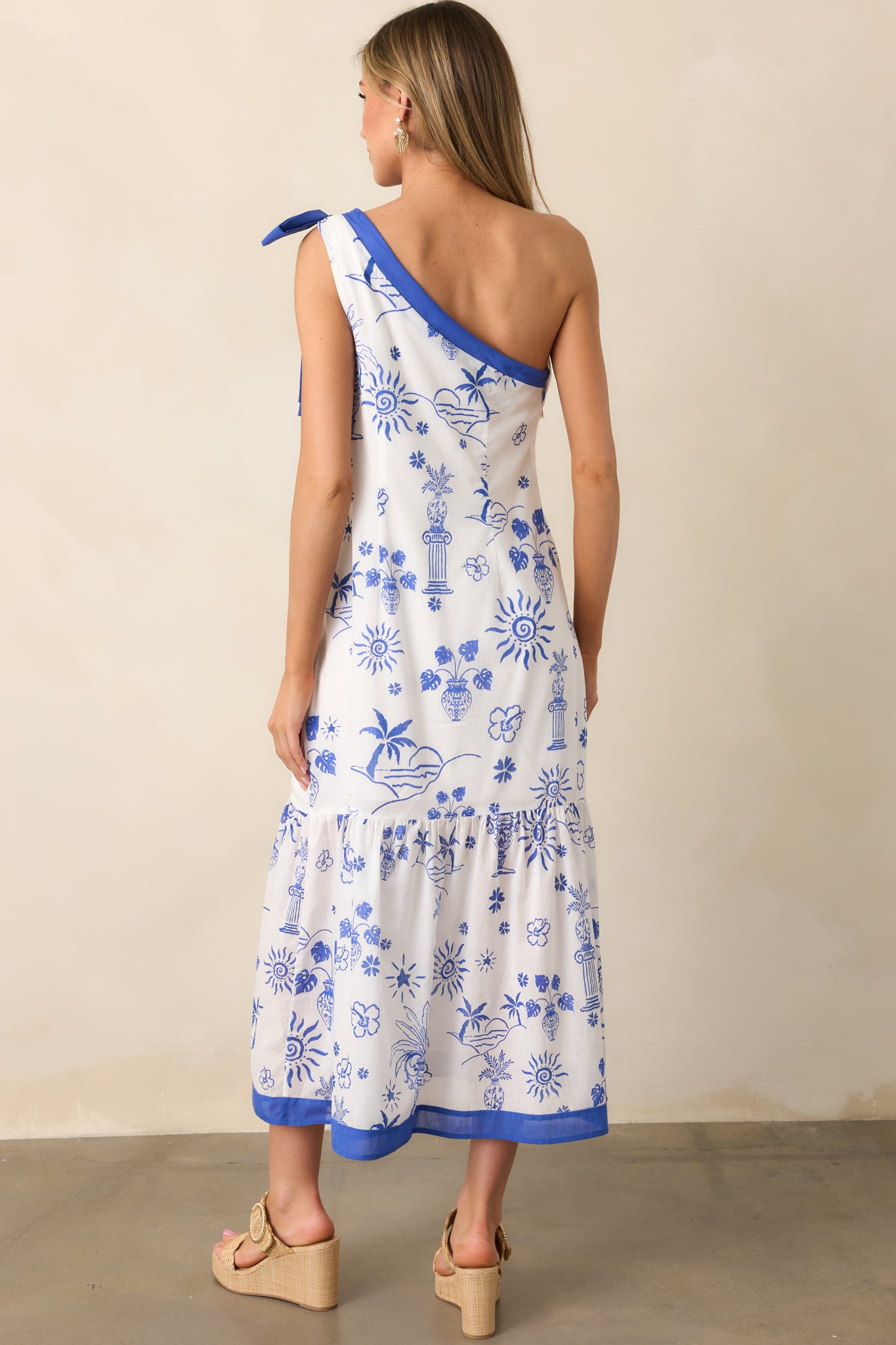 Mediterranean Dream Blue Tropical Print One Shoulder Midi Dress