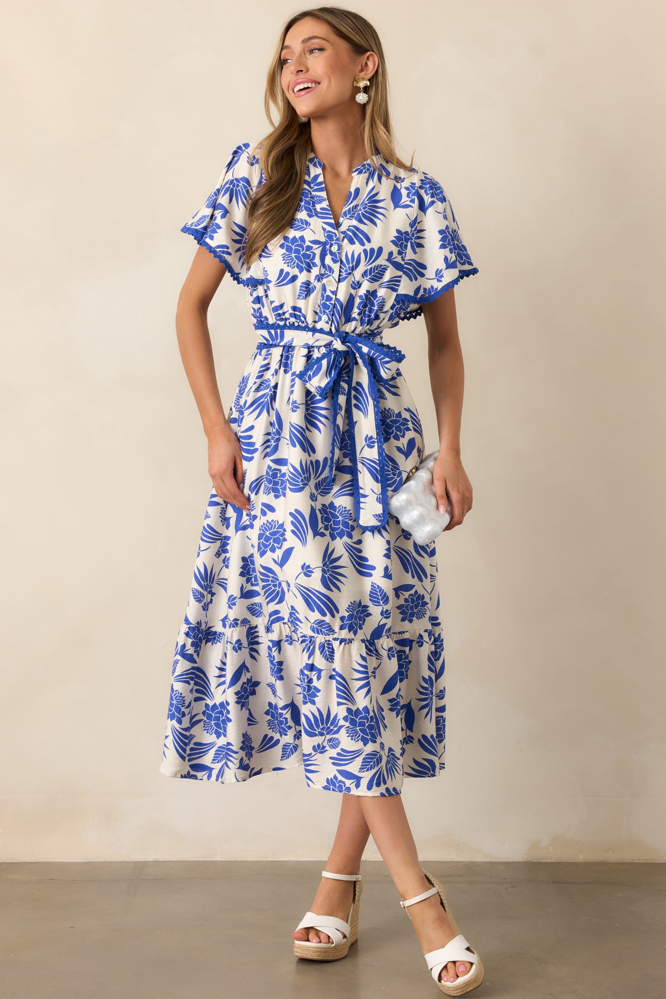 Cruising By Blue Floral Short Sleeve Midi Dress