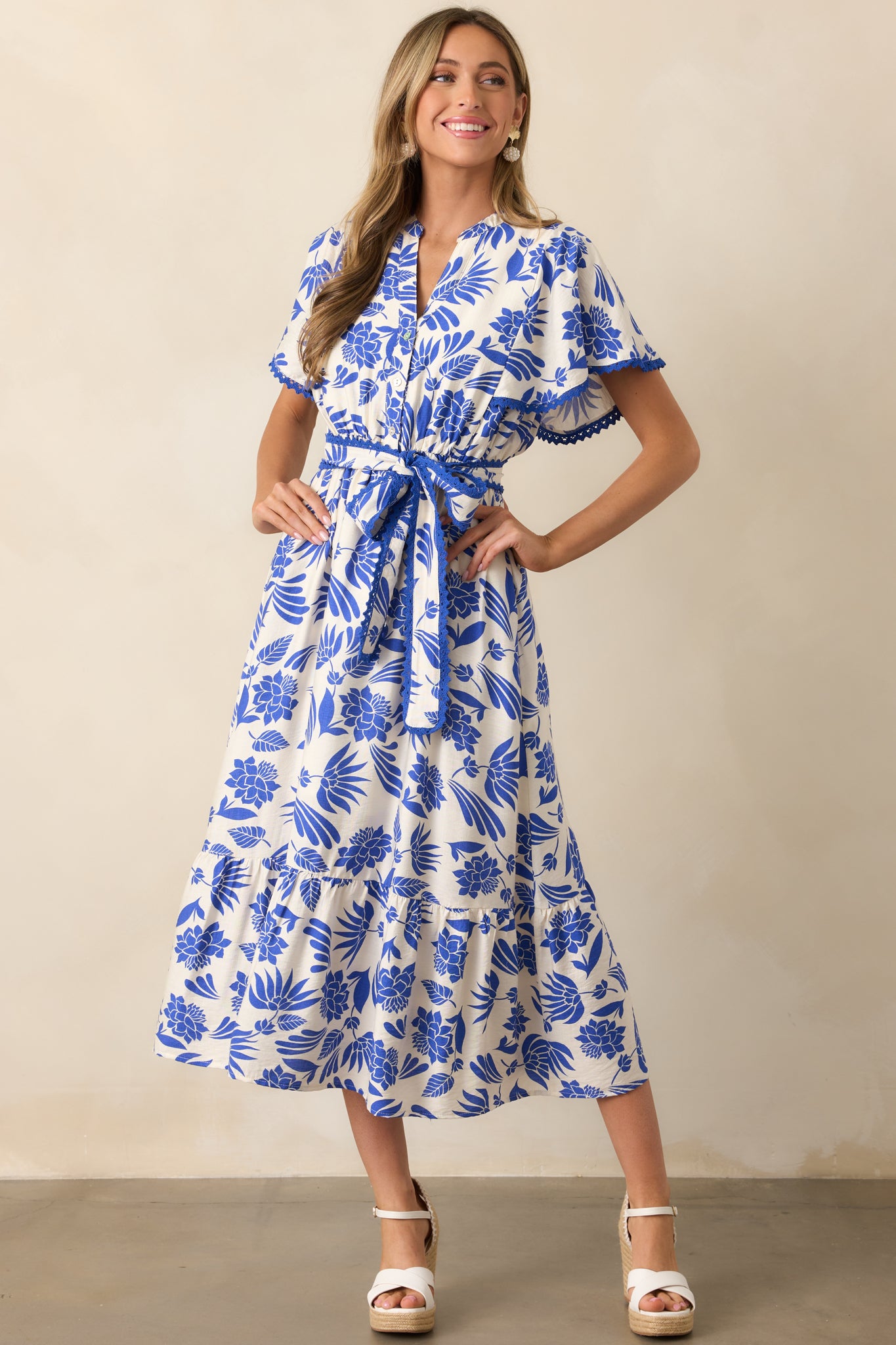 Cruising By Blue Floral Short Sleeve Midi Dress