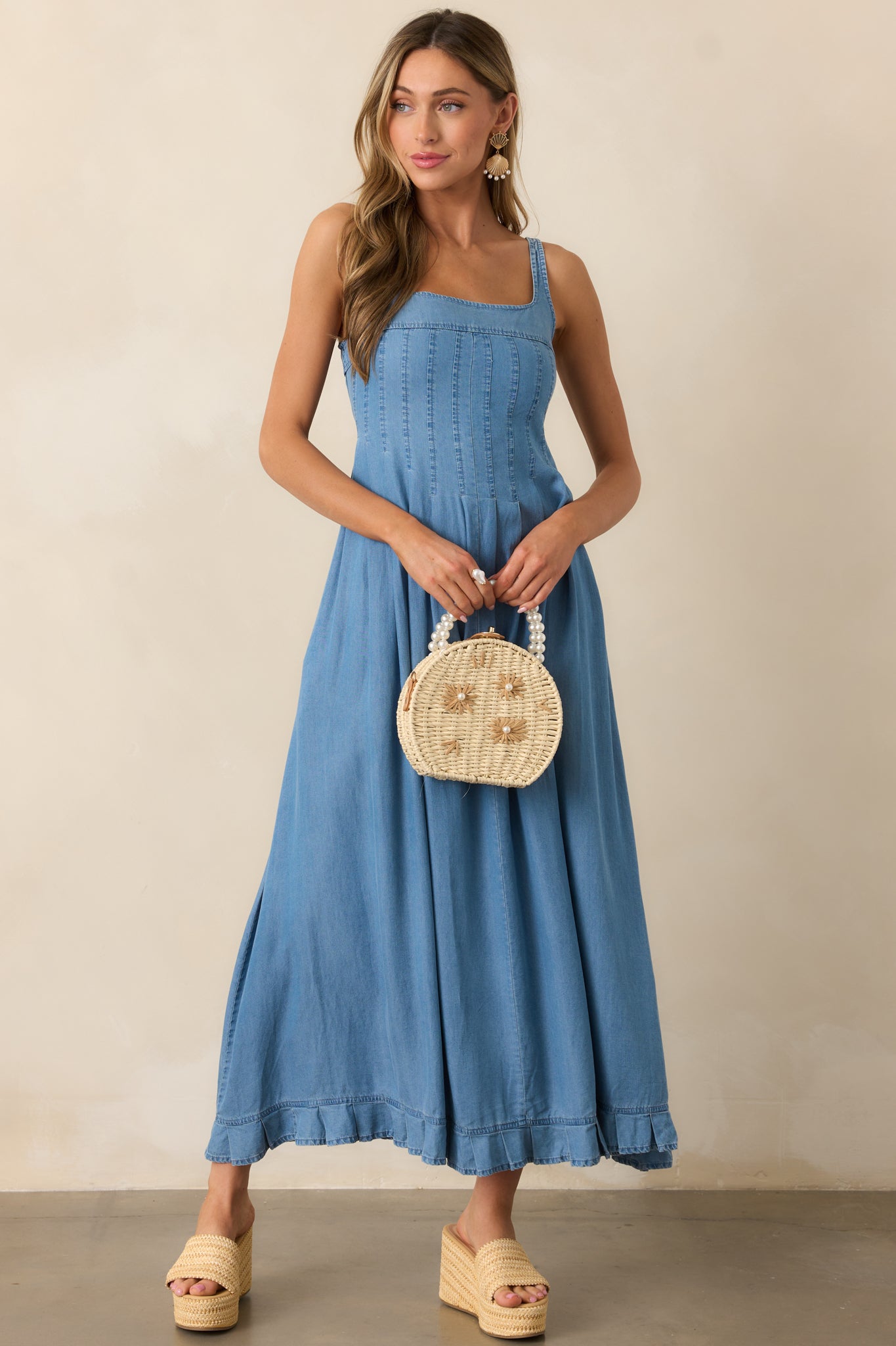 Cascading Echoes Blue Chambray Maxi Dress