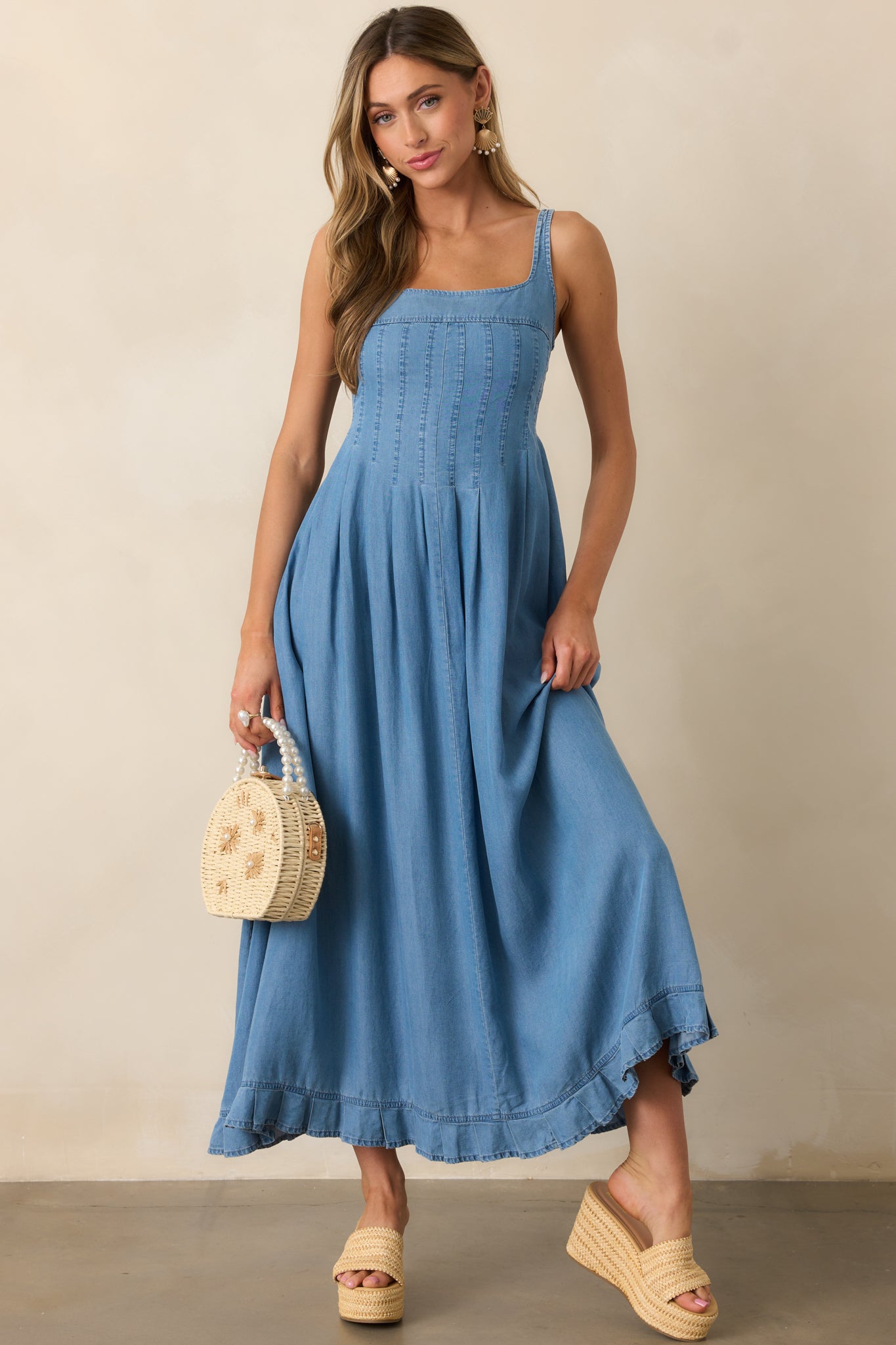 Cascading Echoes Blue Chambray Maxi Dress