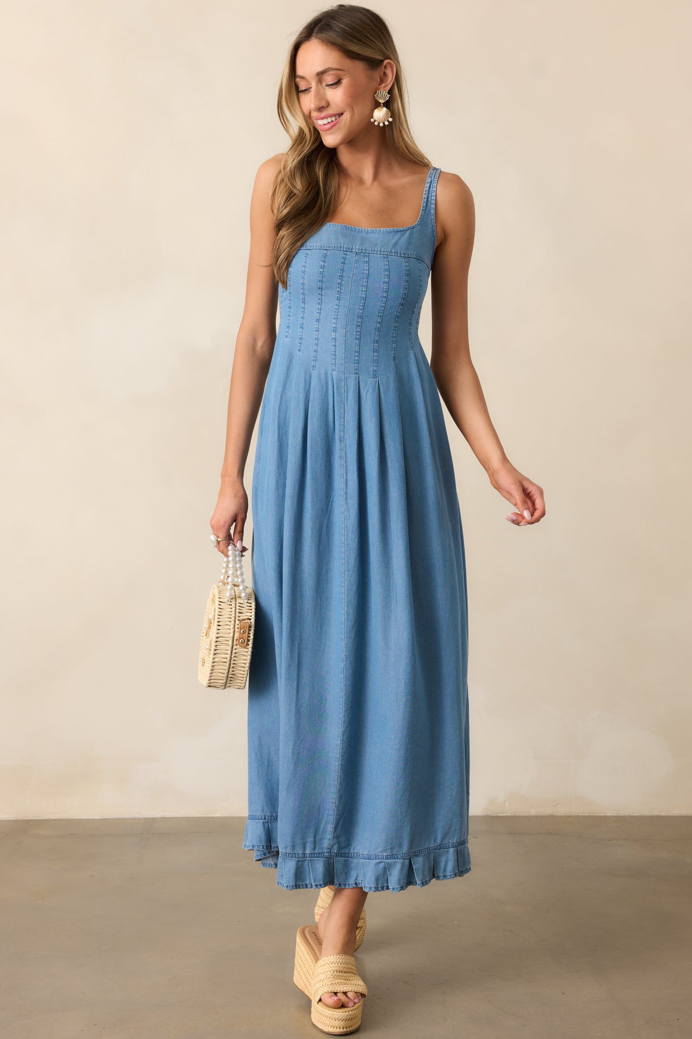 Cascading Echoes Blue Chambray Maxi Dress