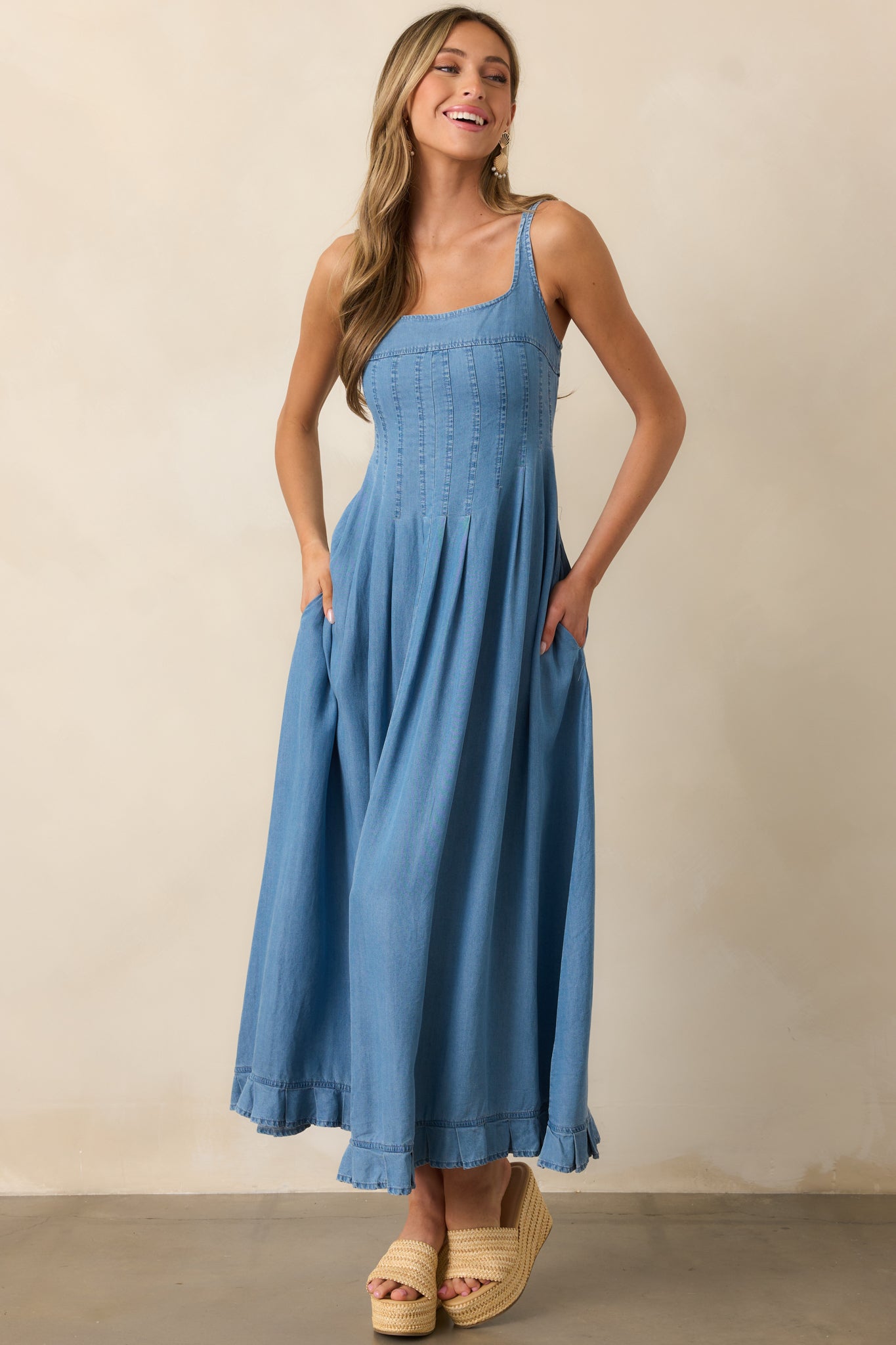 Cascading Echoes Blue Chambray Maxi Dress