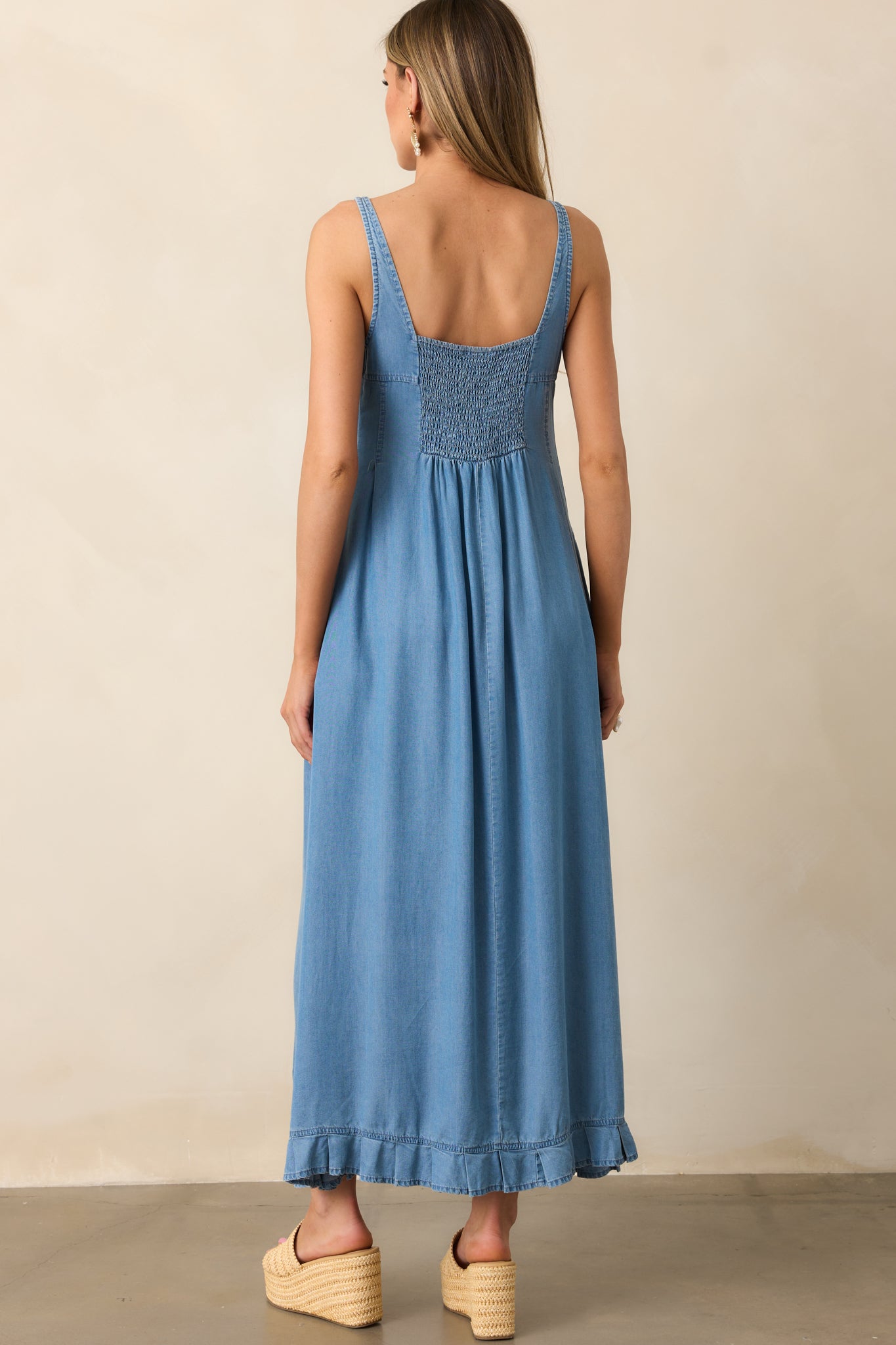 Cascading Echoes Blue Chambray Maxi Dress