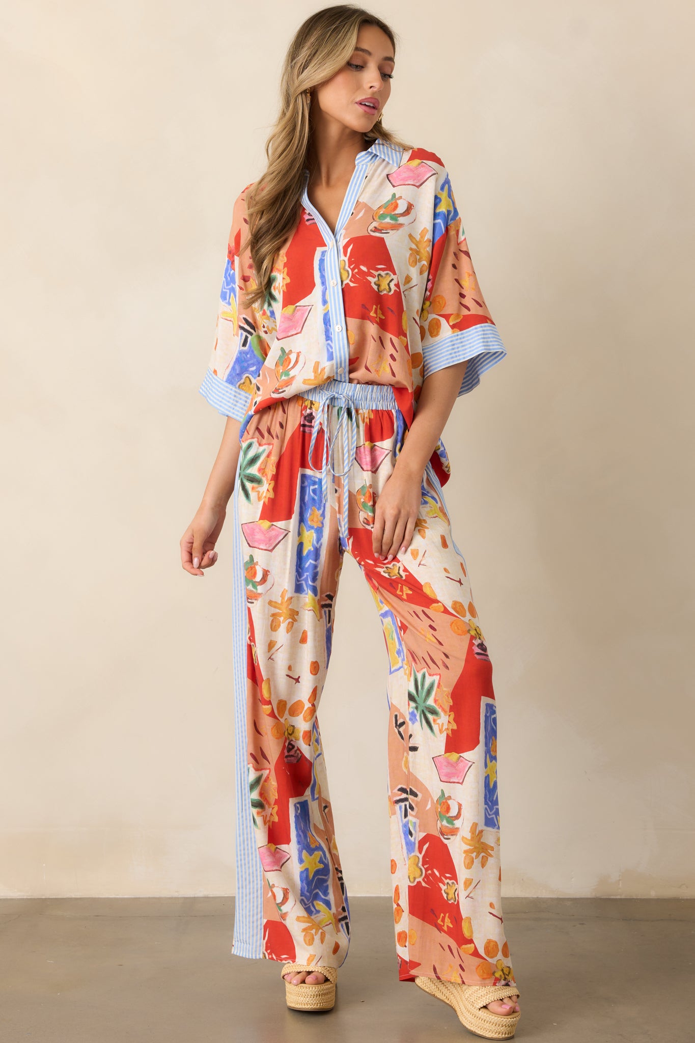 Coral Cove Red Multi Tropical Print Wide Leg Pants