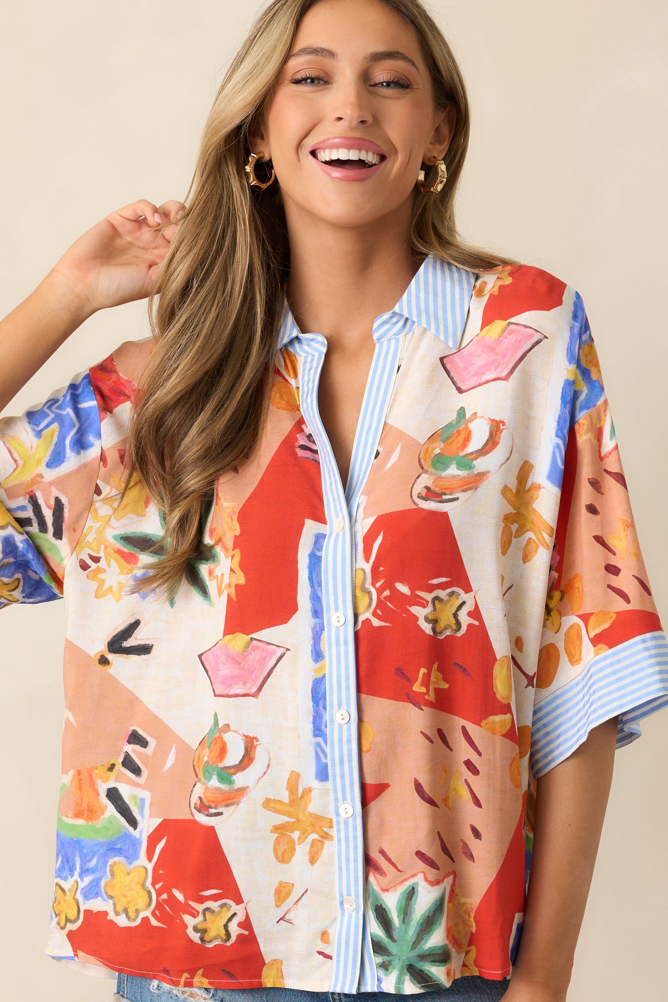 Sunset Tides Red Multi Tropical Print Button Front Top