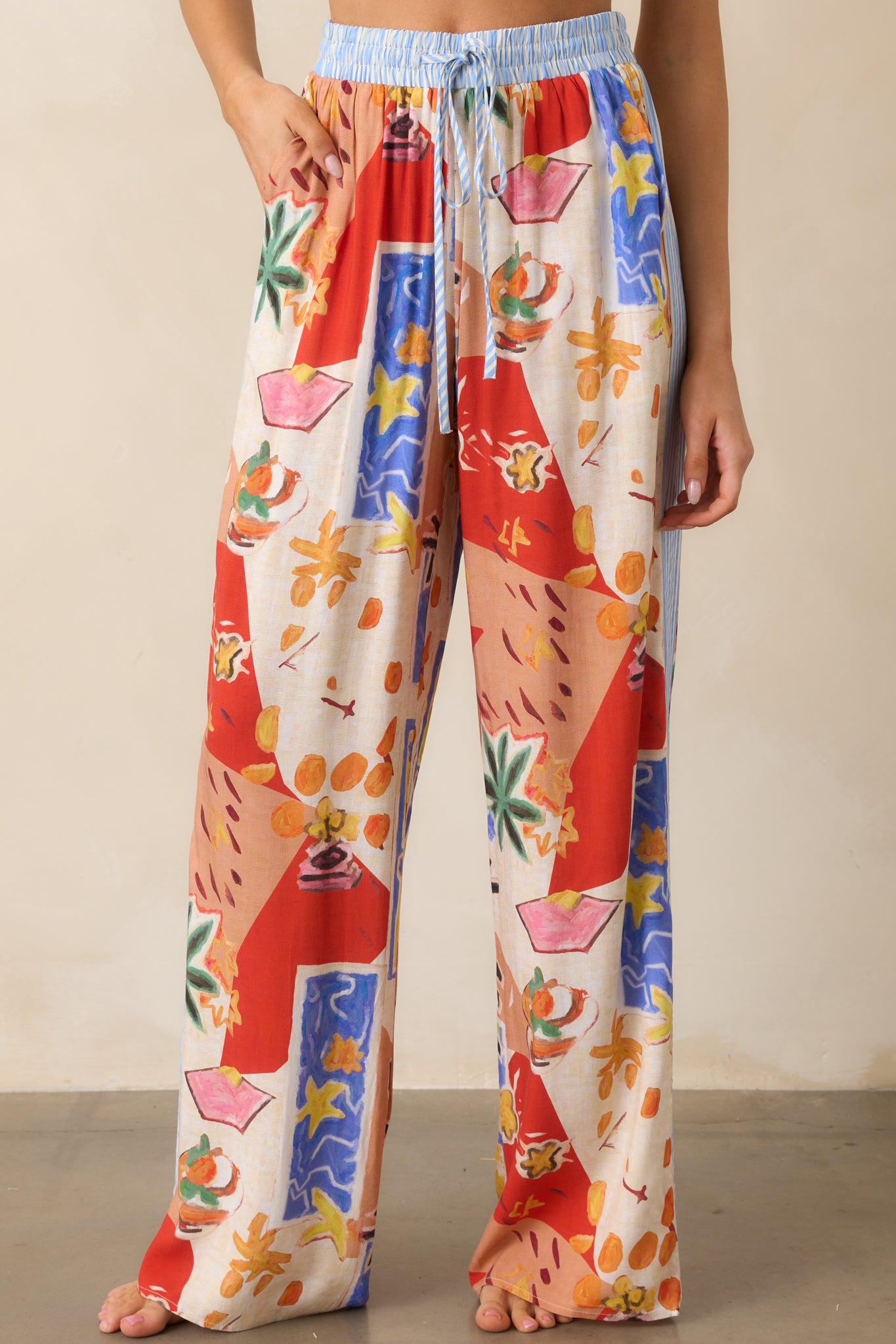 Coral Cove Red Multi Tropical Print Wide Leg Pants