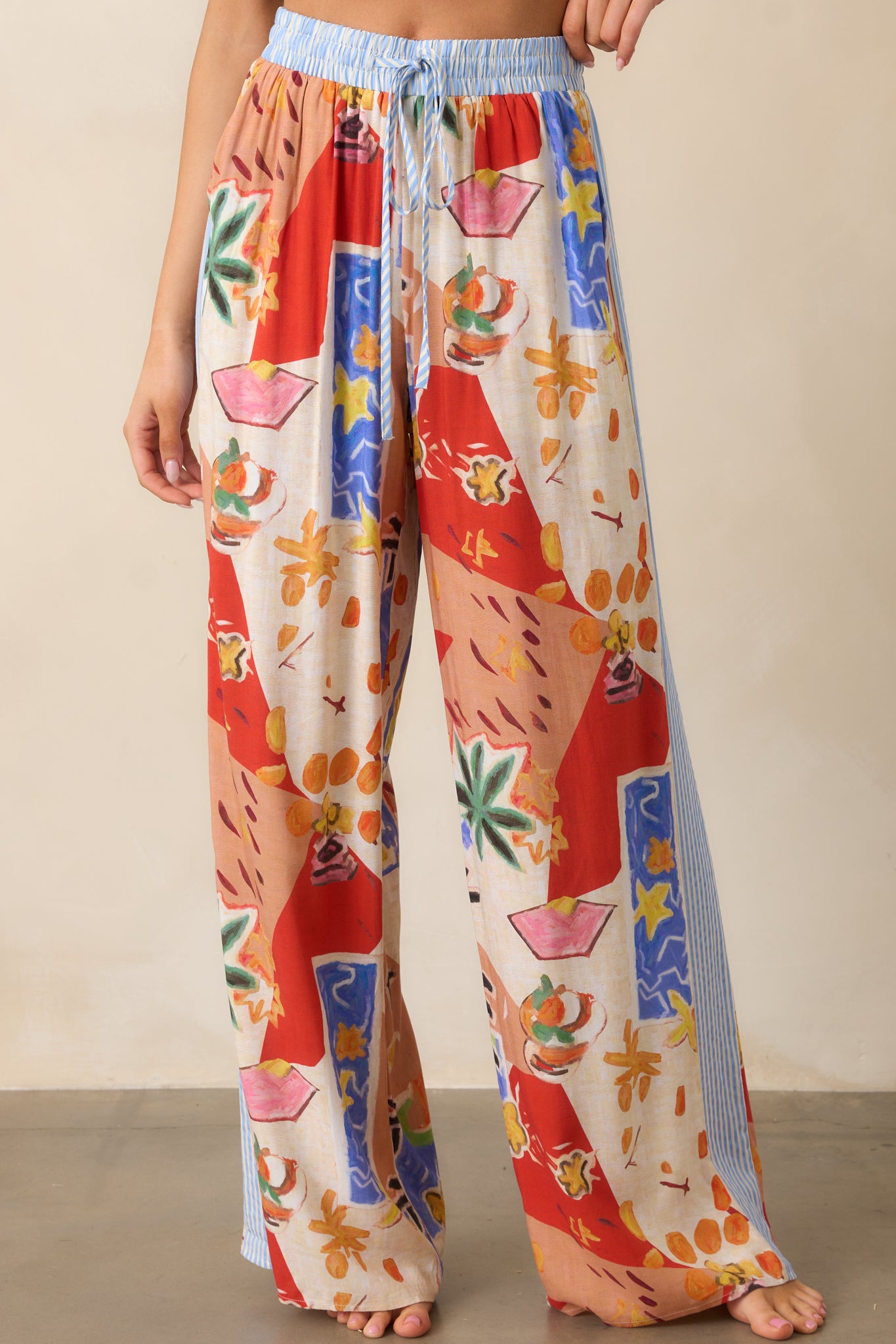 Coral Cove Red Multi Tropical Print Wide Leg Pants