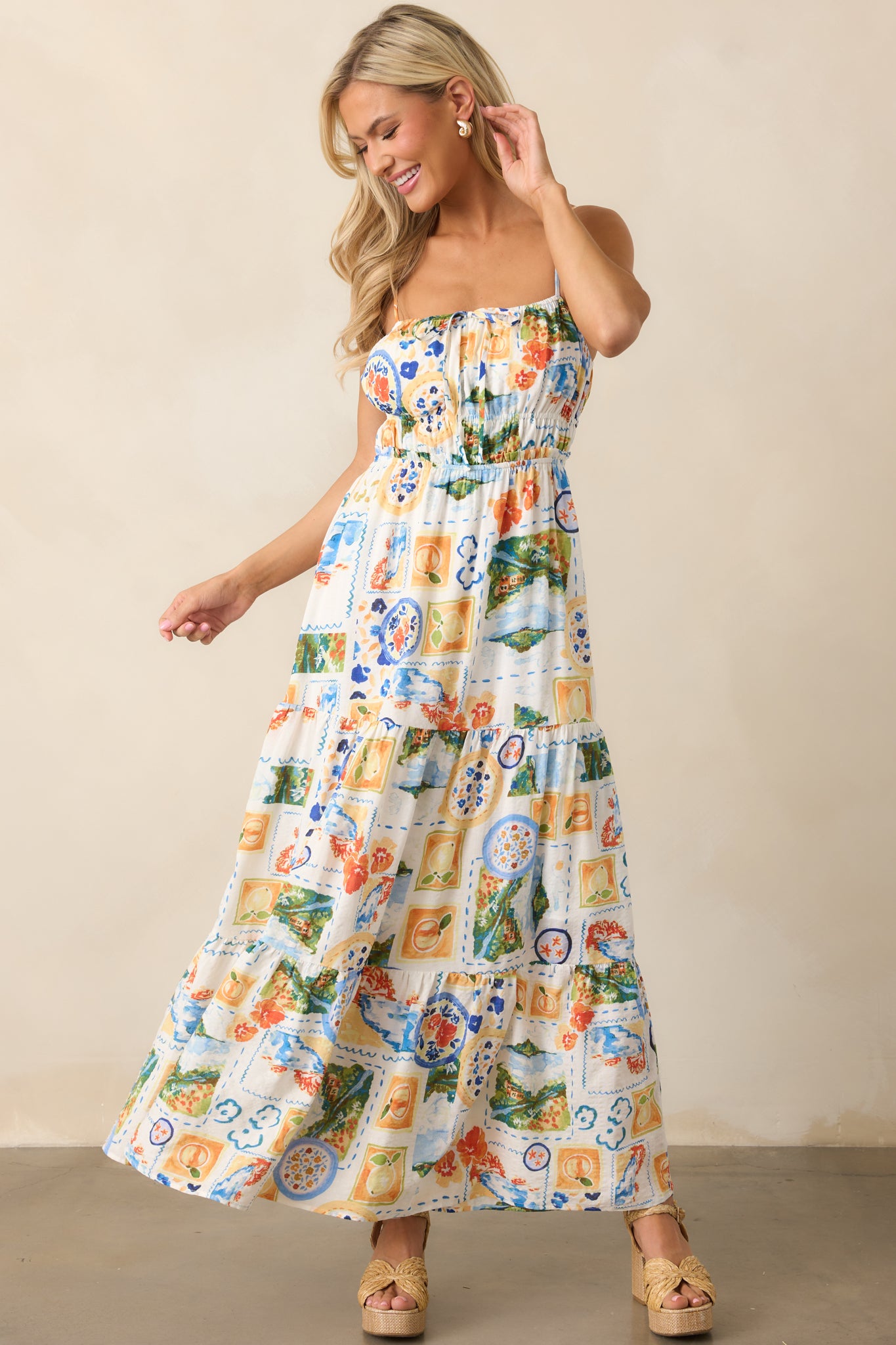 Salt Breeze Blue Multi Watercolor Print Maxi Dress