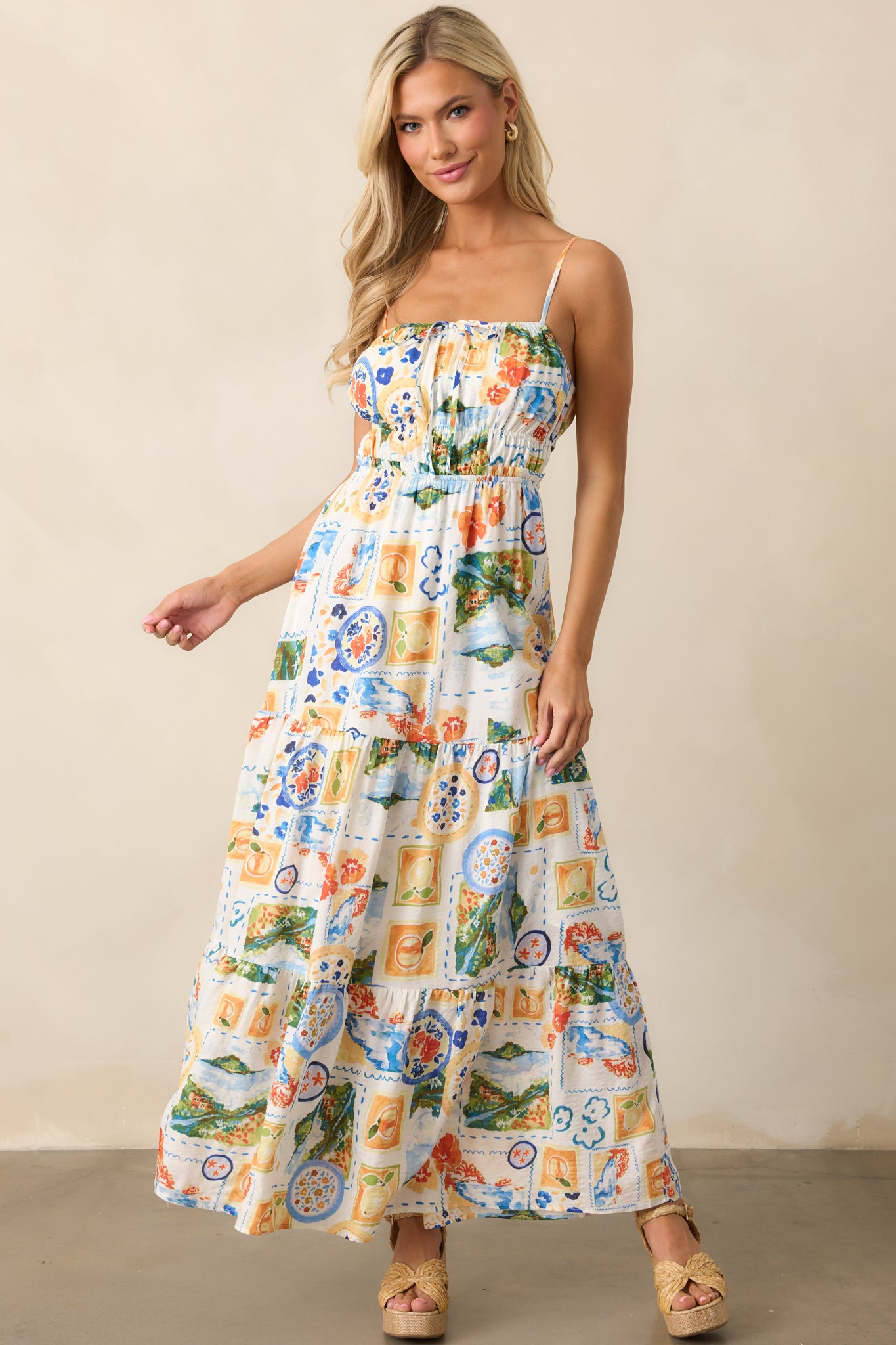 Salt Breeze Blue Multi Watercolor Print Maxi Dress