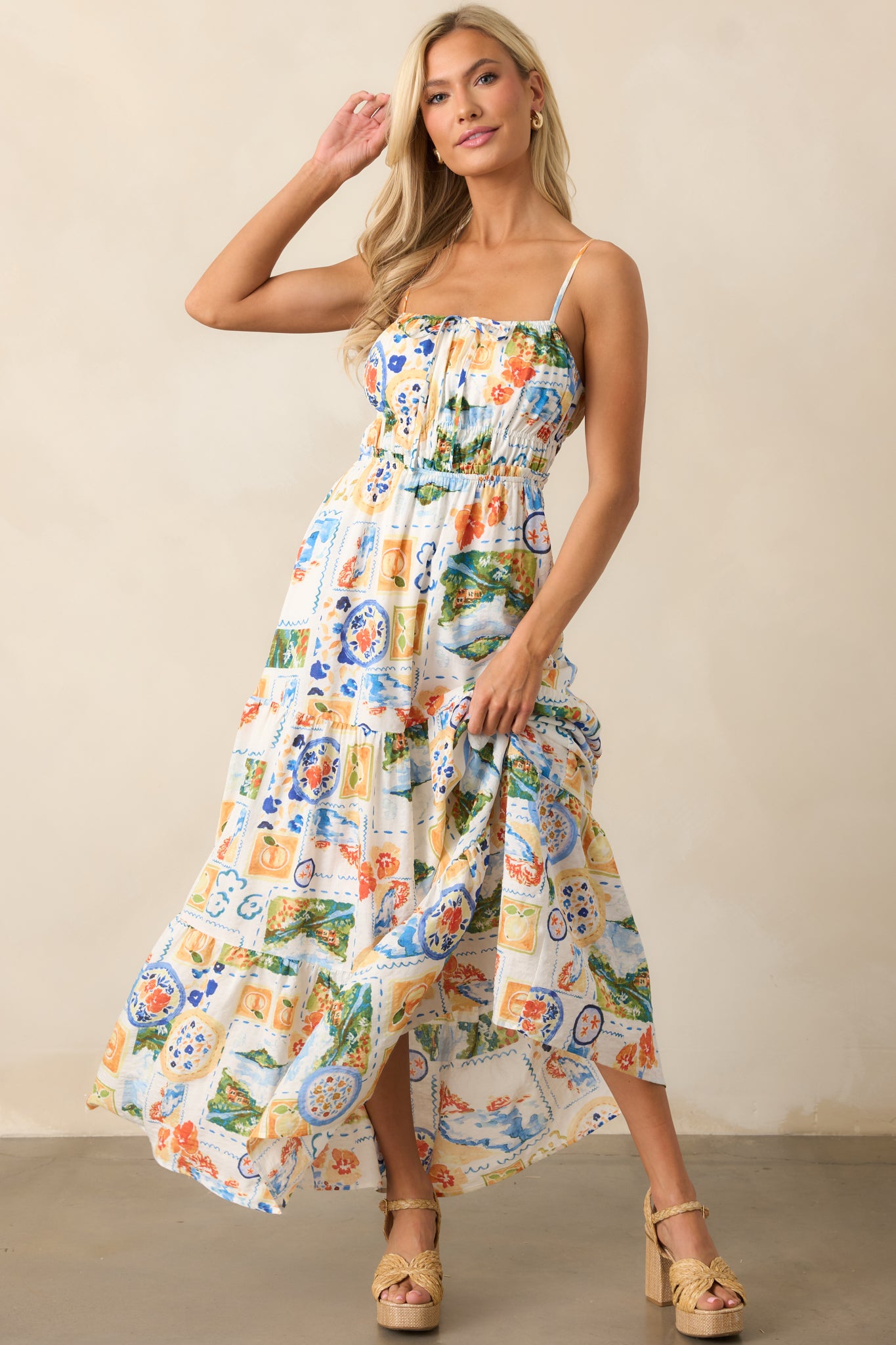 Salt Breeze Blue Multi Watercolor Print Maxi Dress