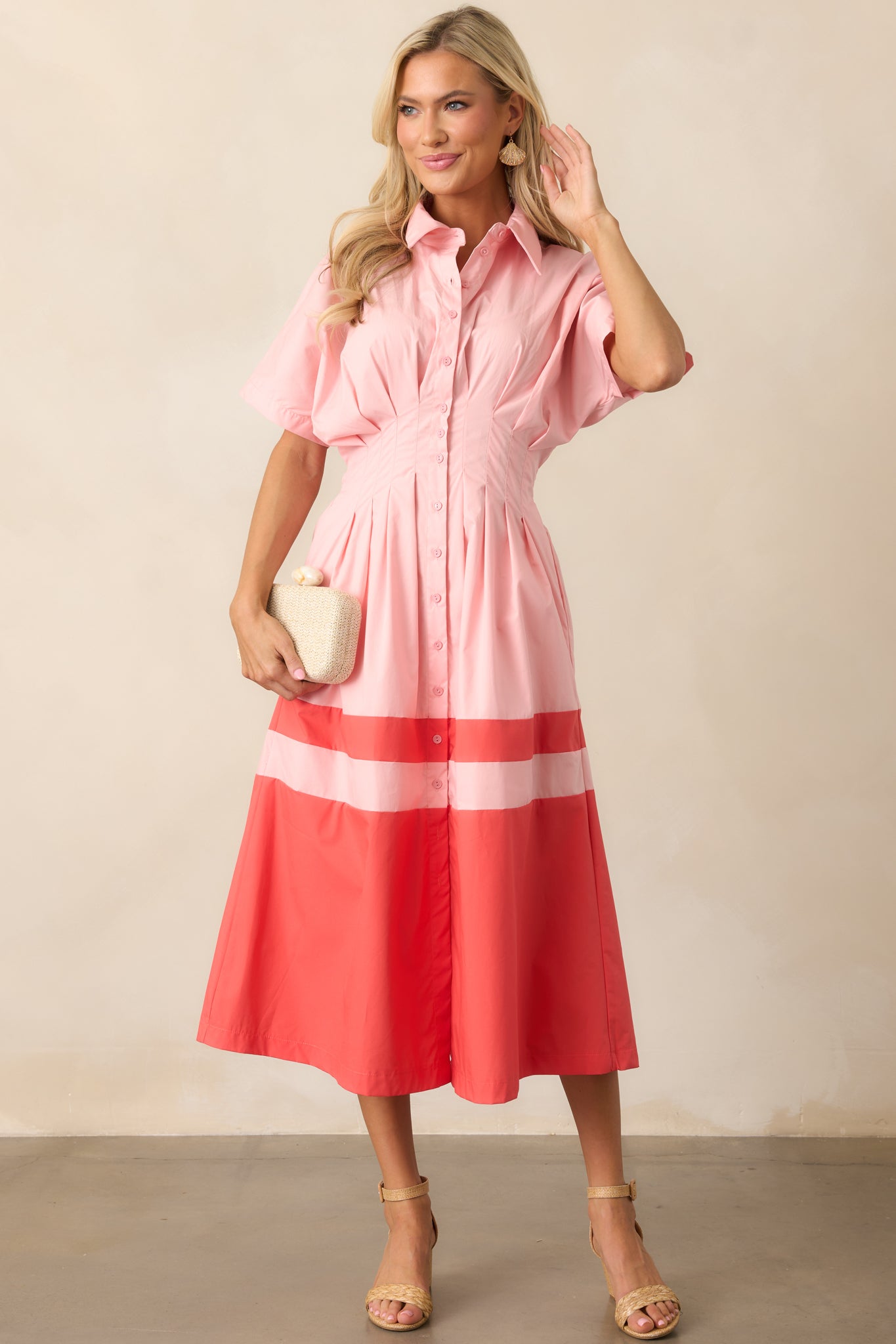 Sorbet Dreams Cotton Pink Button Front Midi Dress