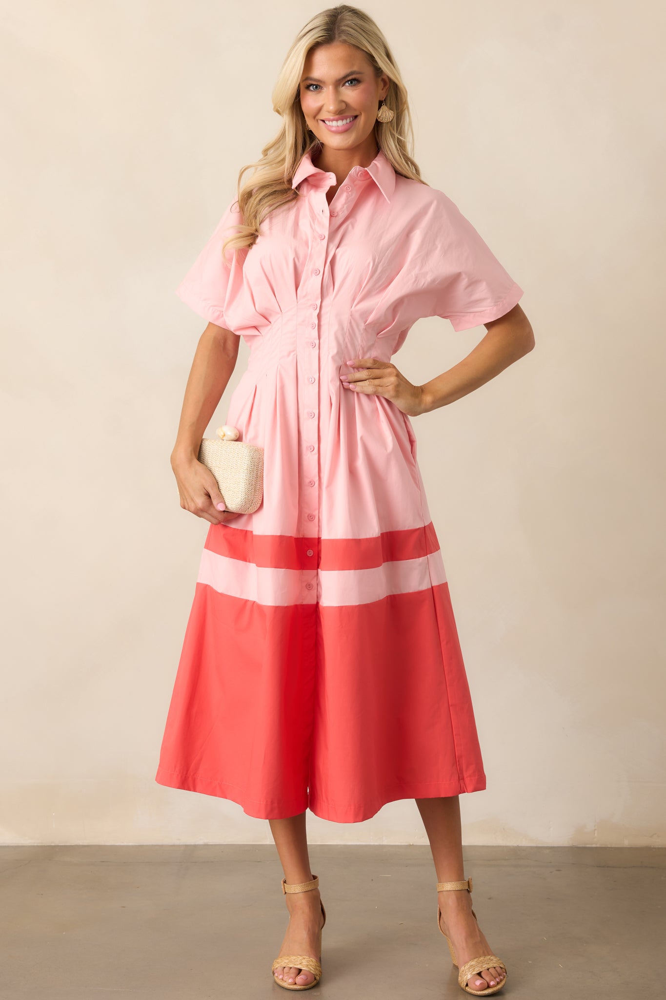 Sorbet Dreams Cotton Pink Button Front Midi Dress