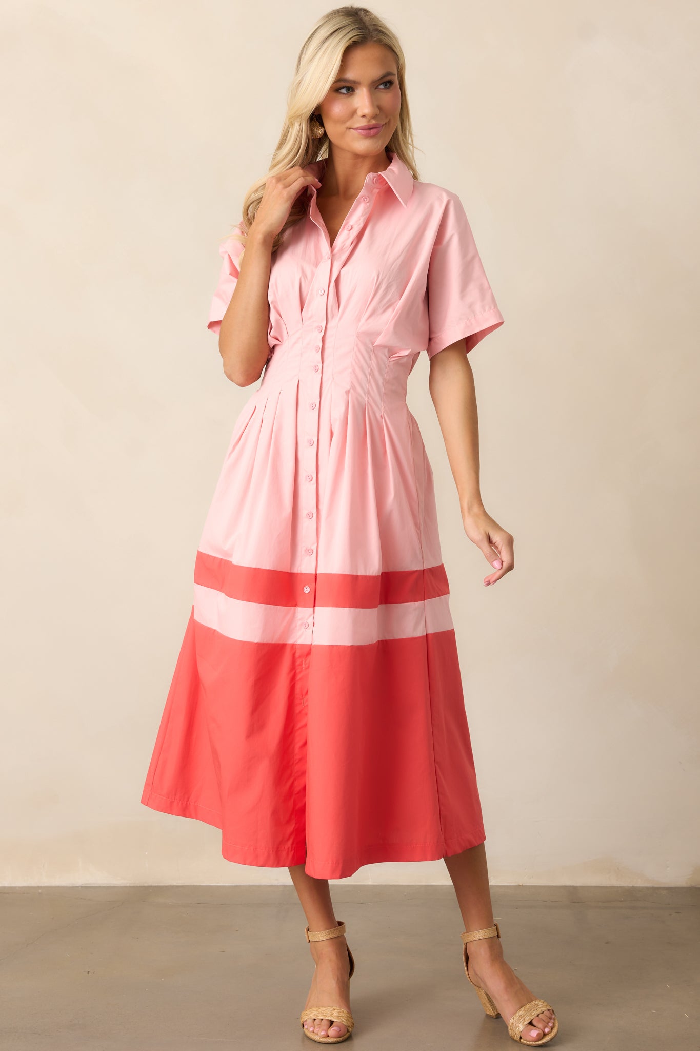 Sorbet Dreams Cotton Pink Button Front Midi Dress