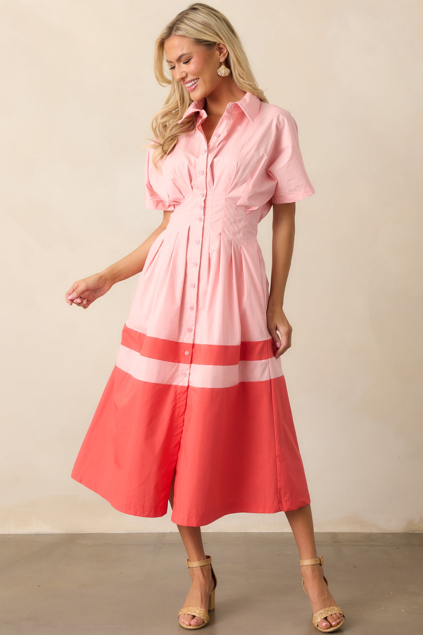 Sorbet Dreams Cotton Pink Button Front Midi Dress