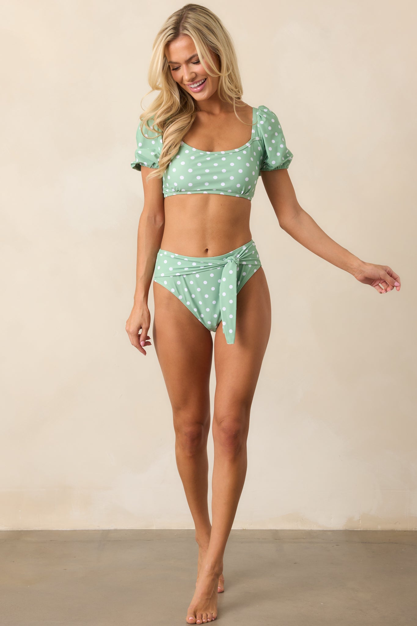 Island Hues Mint Polka Dot Print Bikini Top