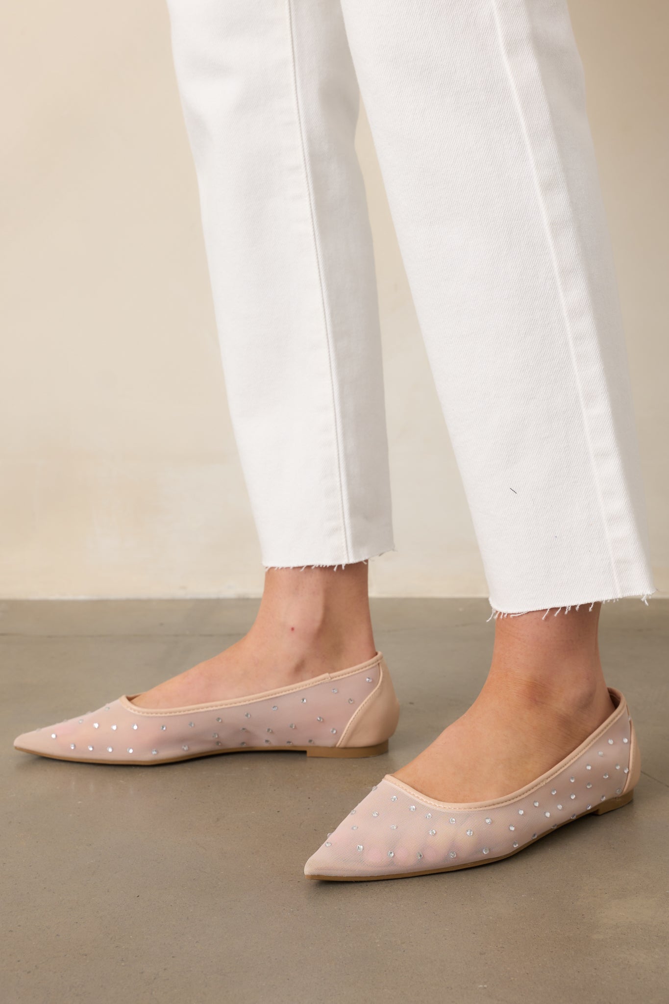 Shining Bright Nude Pointed Toe Mesh Ballet Flats