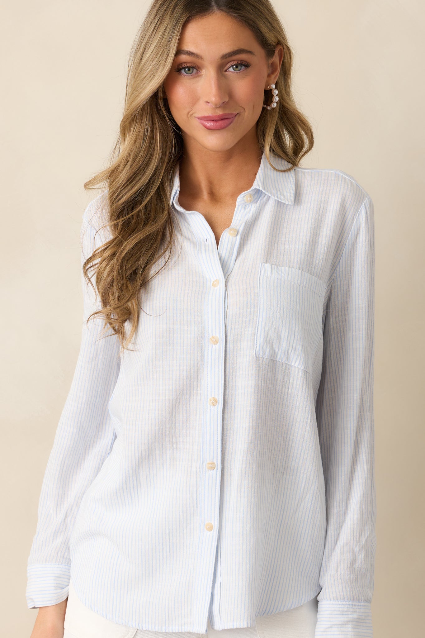 Brighter Days Light Blue Stripe Button Front Top