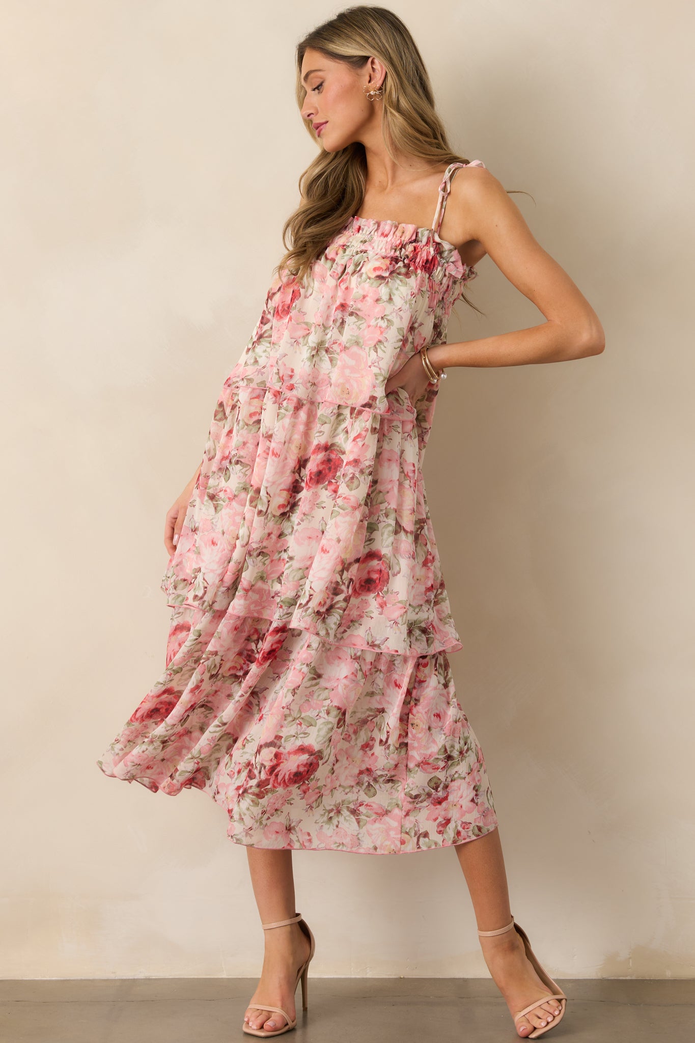 Flourishing Frenzy Pink Floral Print Midi Dress