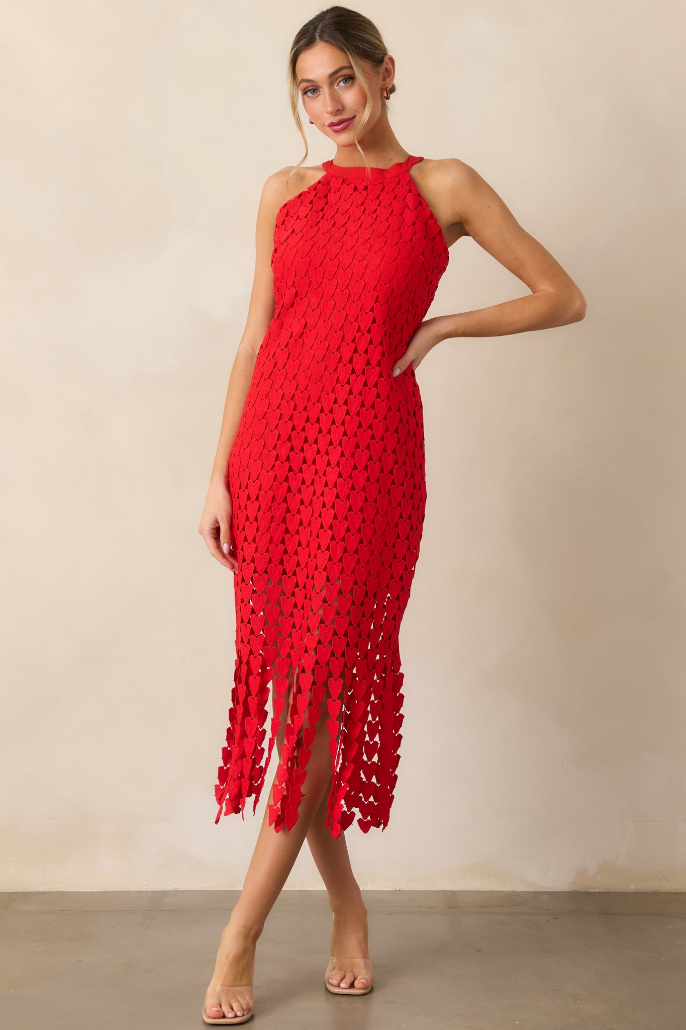 Heart On Display Red Heart Lace Midi Dress