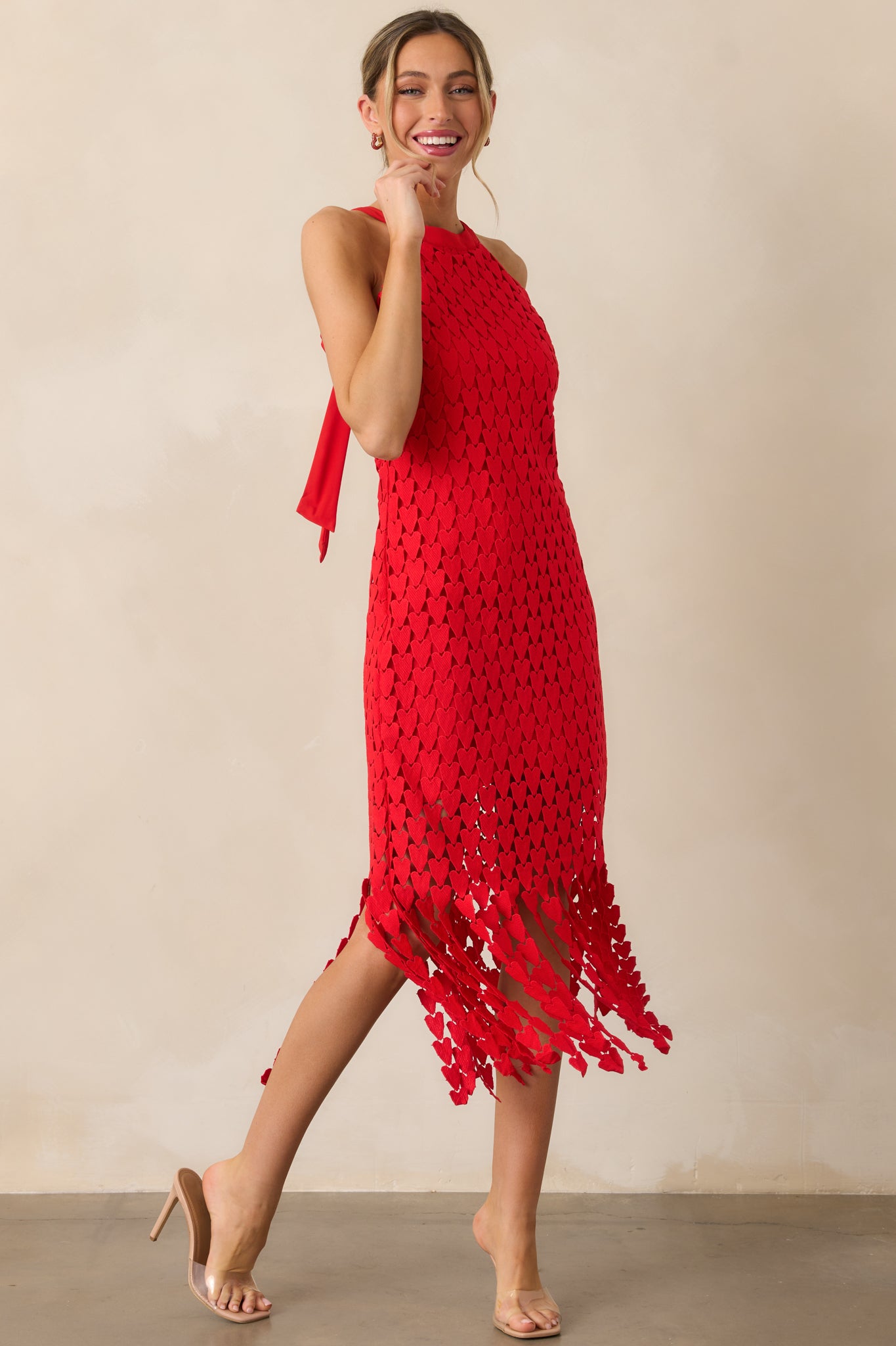 Heart On Display Red Heart Lace Midi Dress