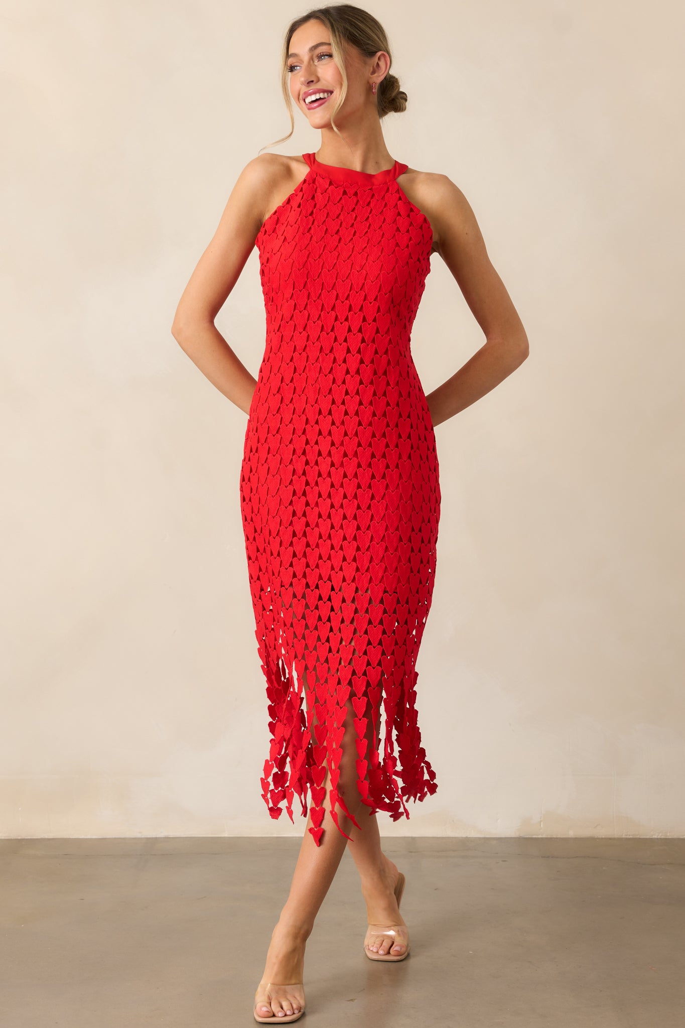 Heart On Display Red Heart Lace Midi Dress