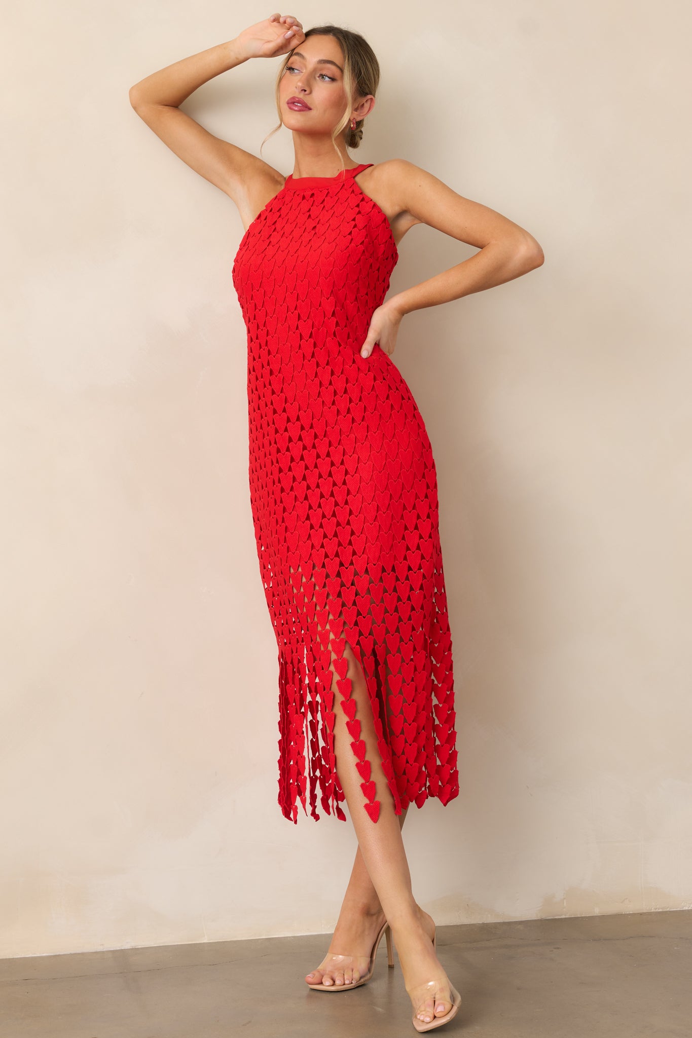 Heart On Display Red Heart Lace Midi Dress