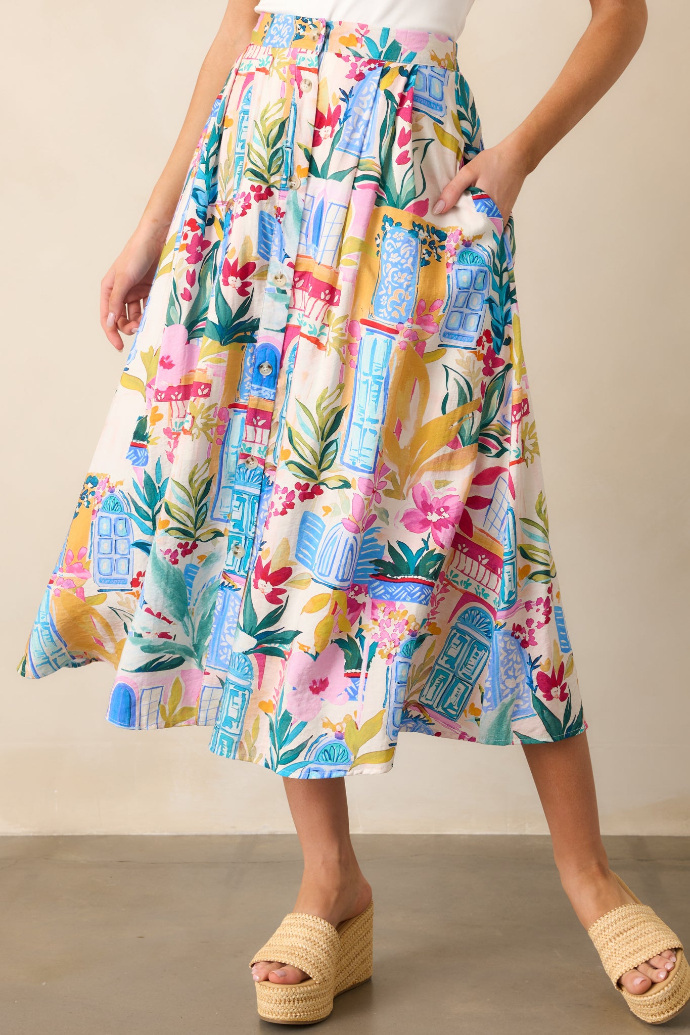 Sunday Stroll Blue Multi Tropical Print Midi Skirt