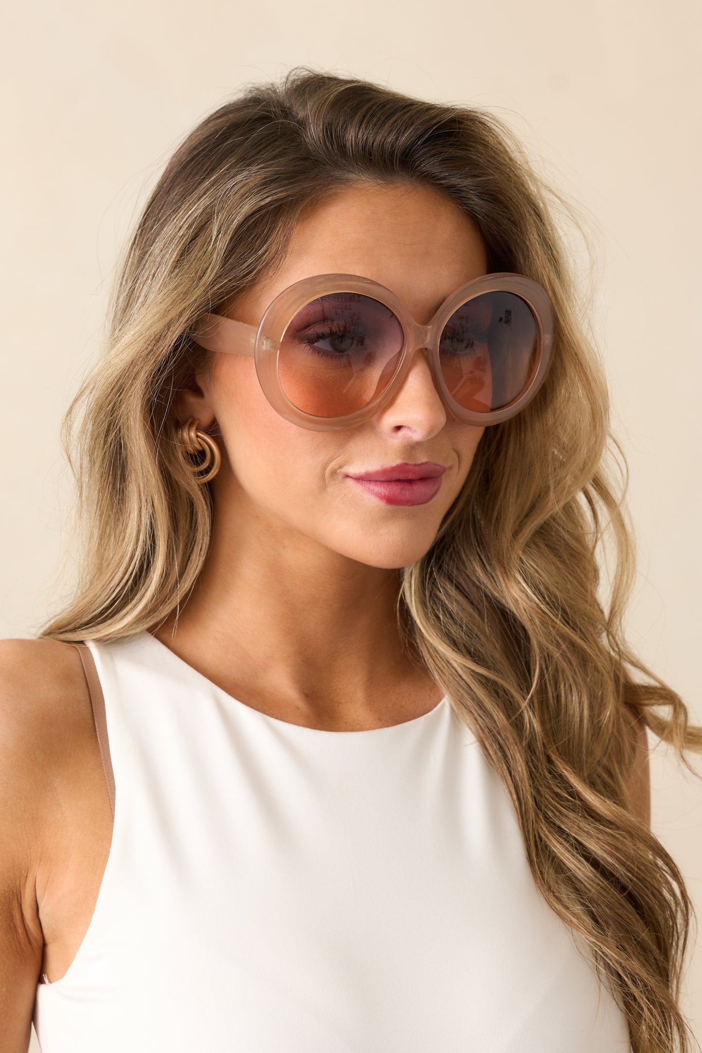 Happiness Comes in Waves Taupe Round Sunglasses