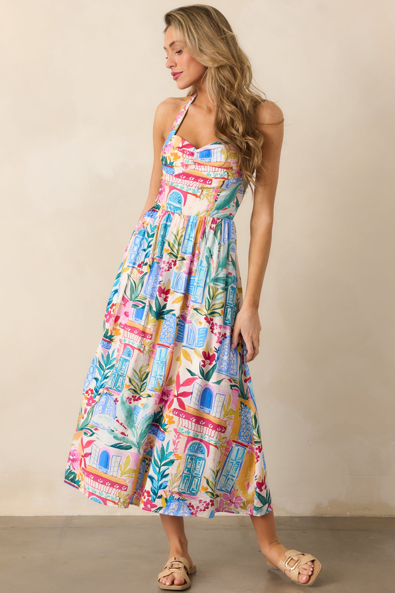 Seaside Brunch Blue Multi Tropical Print Maxi Dress