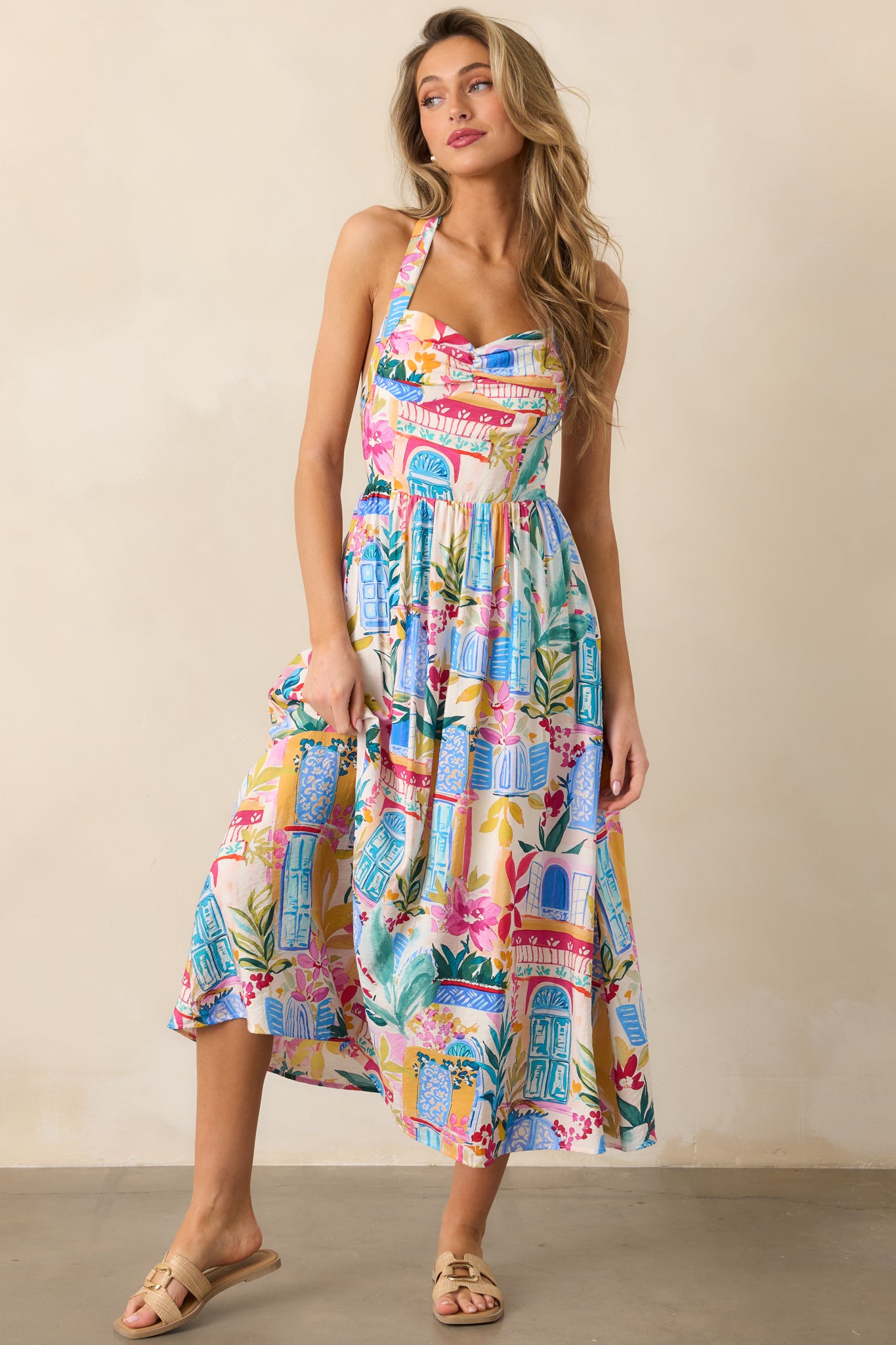 Seaside Brunch Blue Multi Tropical Print Maxi Dress