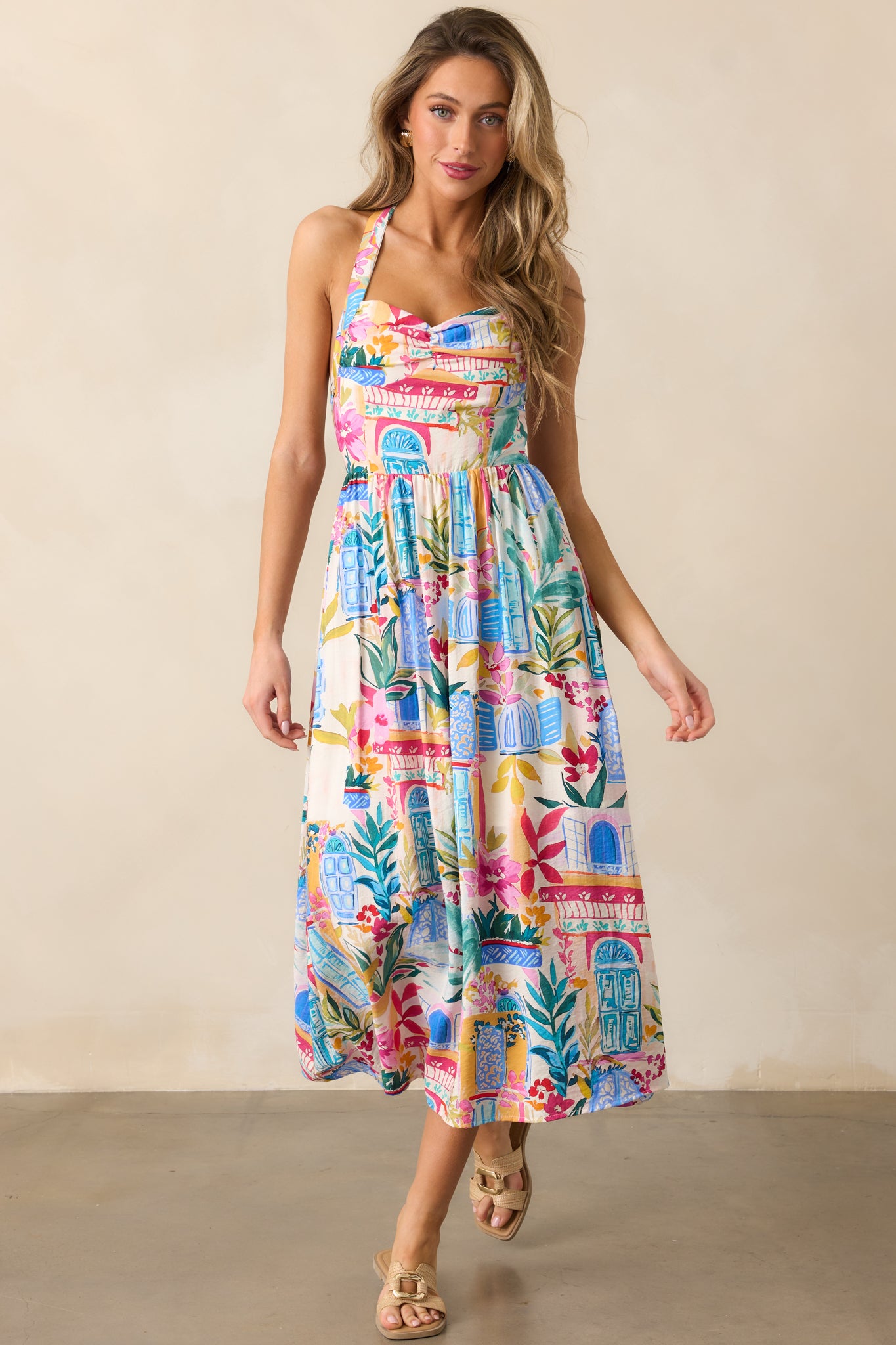 Seaside Brunch Blue Multi Tropical Print Maxi Dress