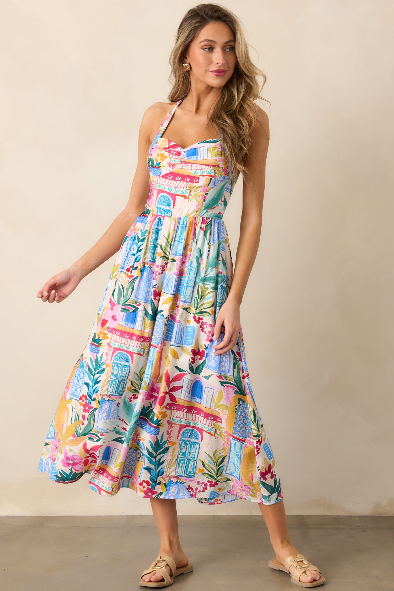 Seaside Brunch Blue Multi Tropical Print Maxi Dress