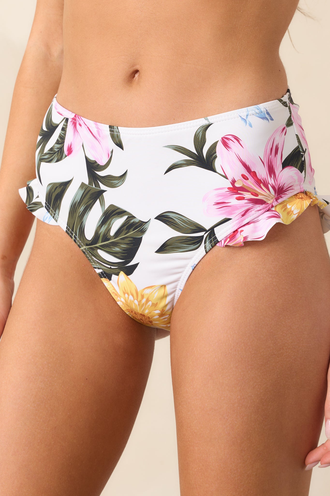 Sun Tanning Ivory Floral Frill Bikini Bottoms