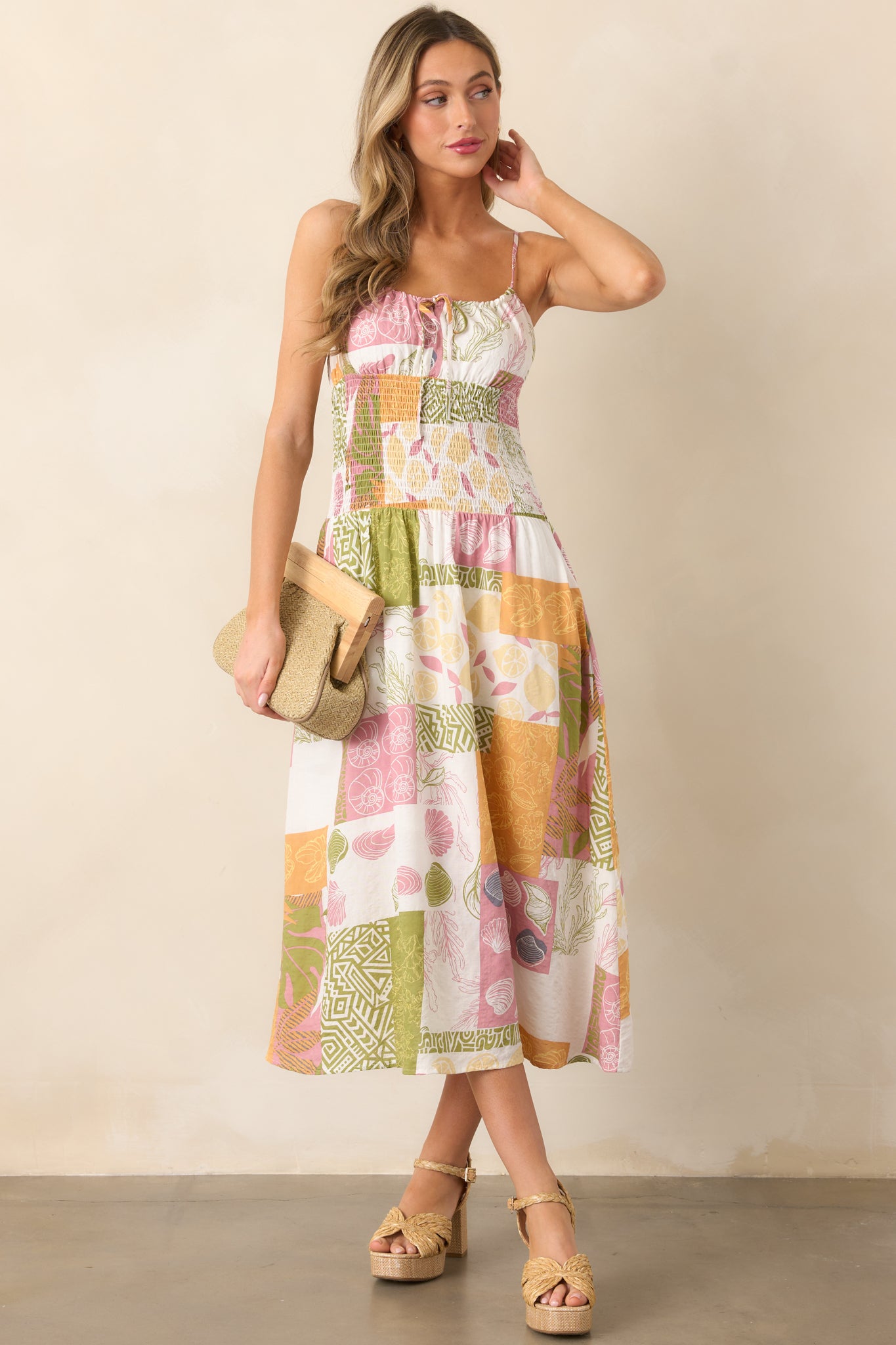 Off To The Market Ivory Patchwork Print Midi Dress