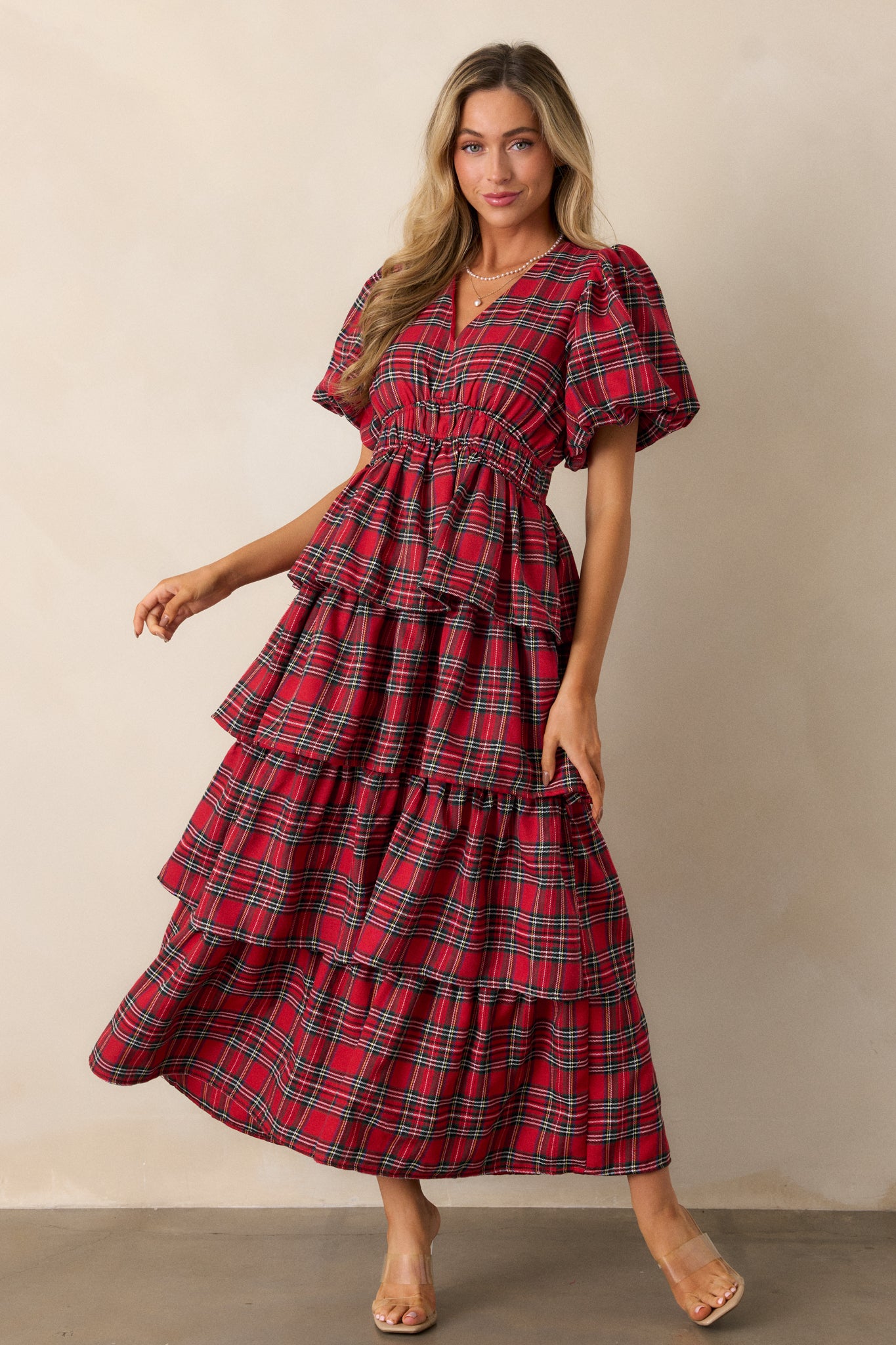 Ribbons of Light Red Plaid Tiered Maxi Dress