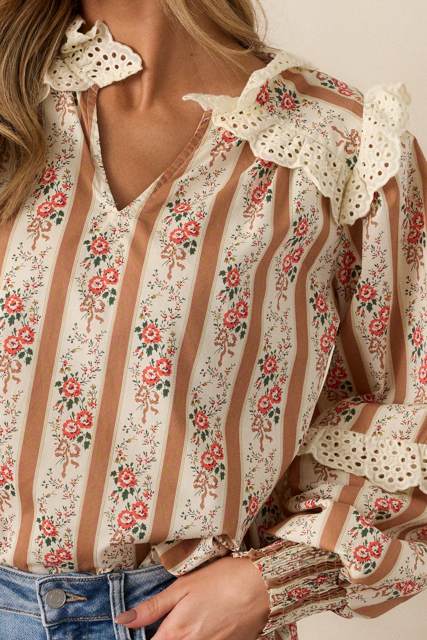 A close-up of the eyelet detailing around the collar and shoulders, focusing on the delicate pattern and craftsmanship.