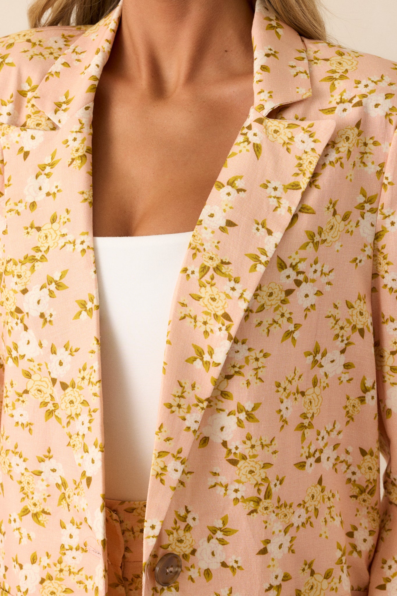 Zoomed-in view of the blazer’s front button and floral fabric, showcasing the delicate design and craftsmanship.