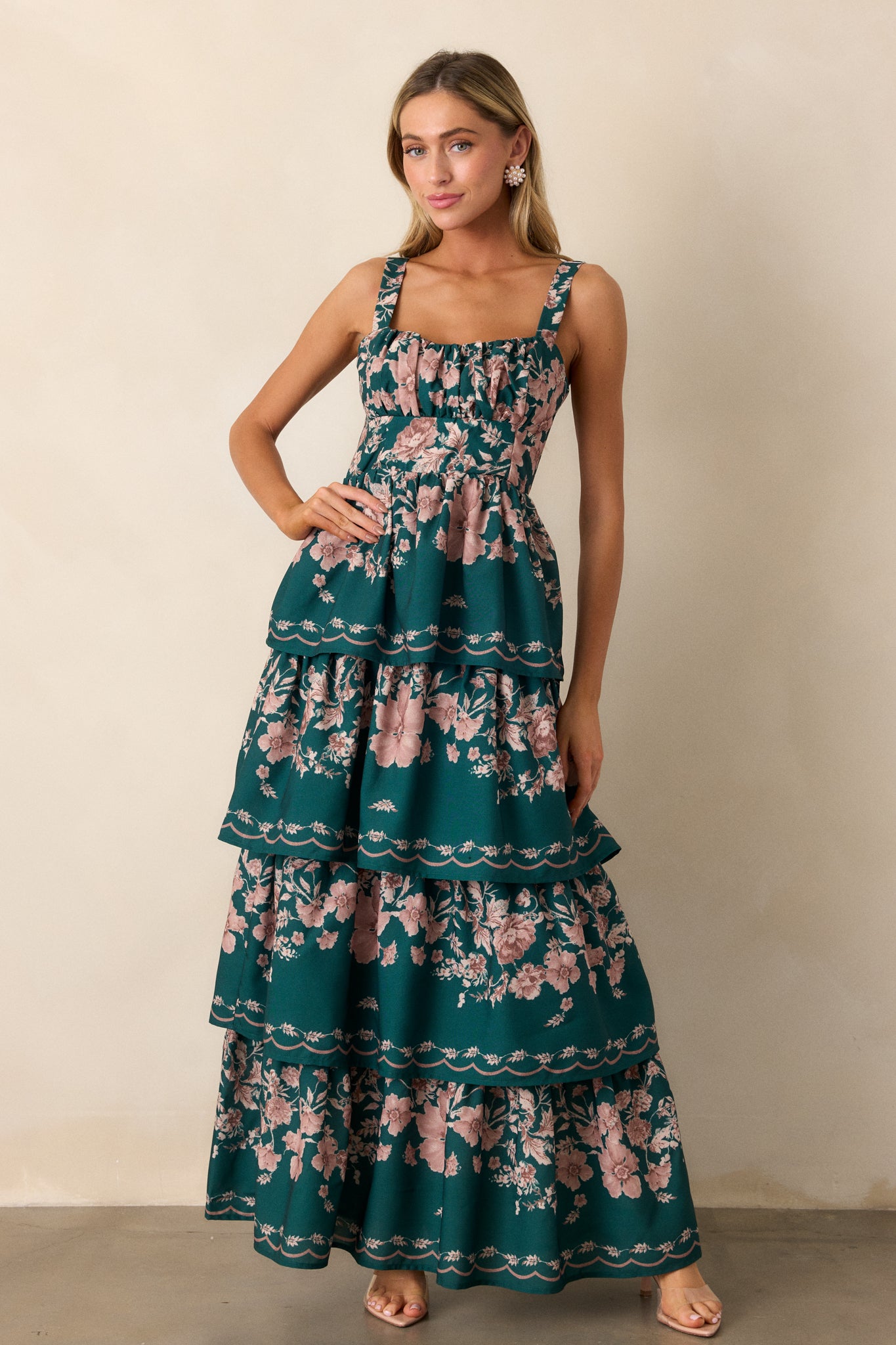 Sweet Reminiscence Forest Green Floral Tiered Maxi Dress