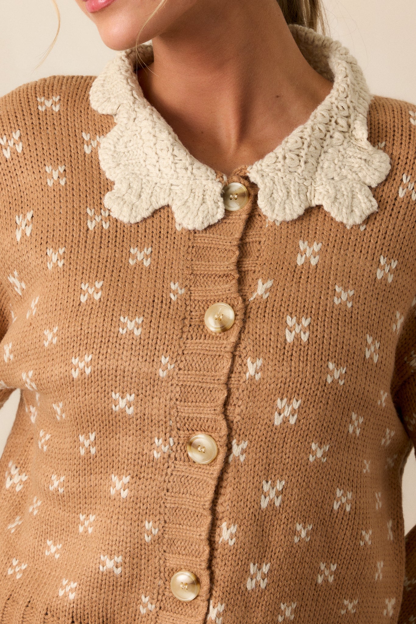 Close up of the ivory crochet peter pan collar, buttons, and heart ditsy cluster print on this honey cardigan. 