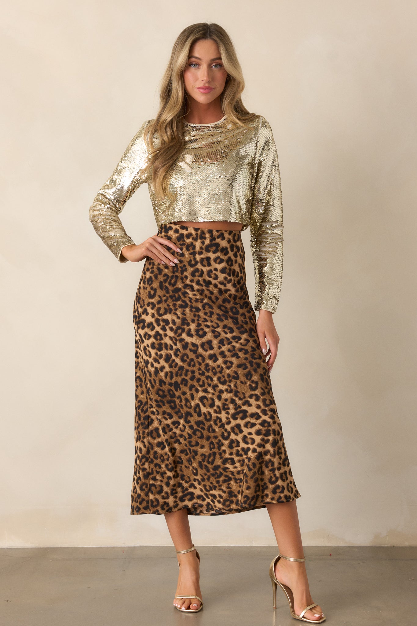 Another full-length angle highlighting the elastic waistband and how the skirt flares slightly to create a flowing A-line silhouette.