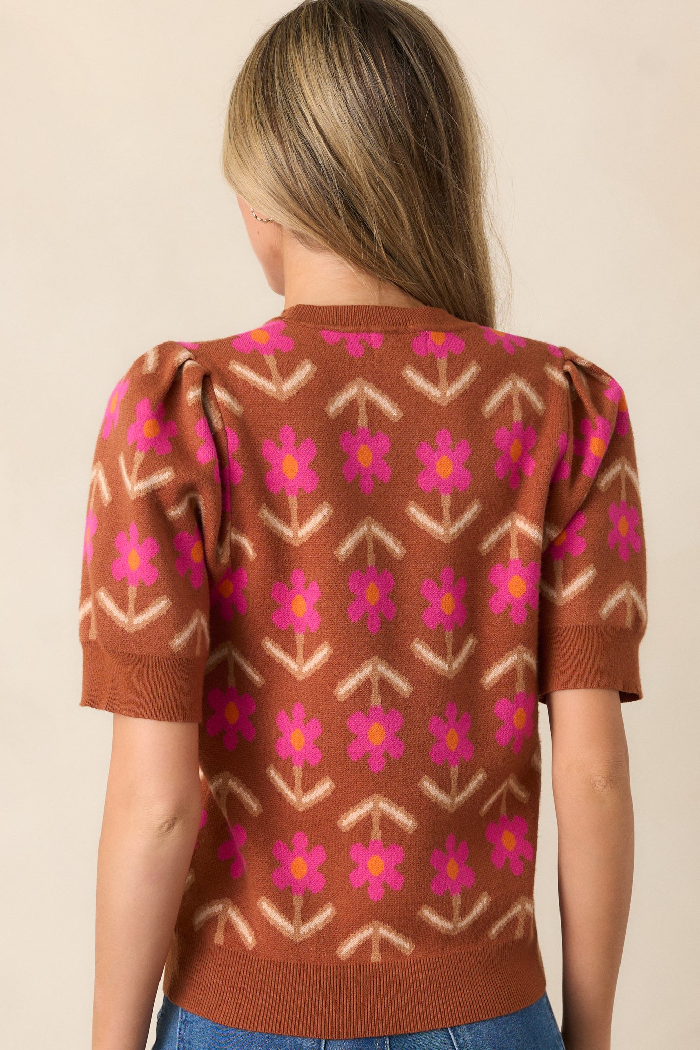 Back view of the cinnamon sweater with a smooth finish and ribbed hemline, showing the short sleeves with ribbed cuffs and rounded neckline.