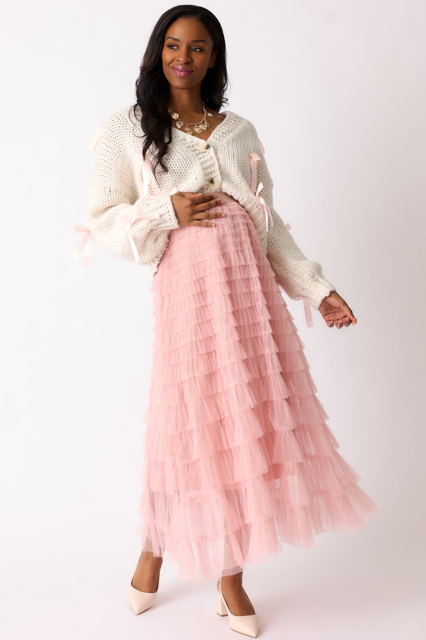 Garden Gathering Dusty Pink Tiered Ruffle Tulle Maxi Skirt