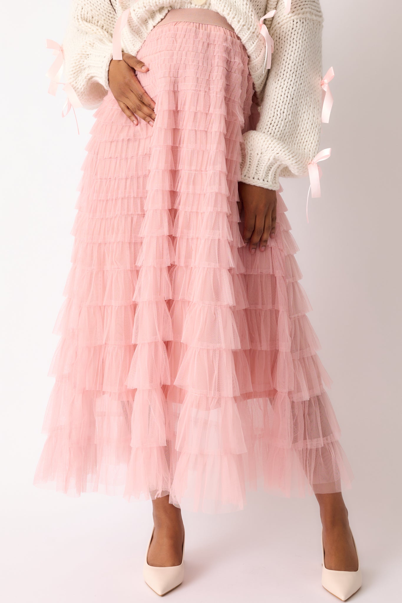 Garden Gathering Dusty Pink Tiered Ruffle Tulle Maxi Skirt