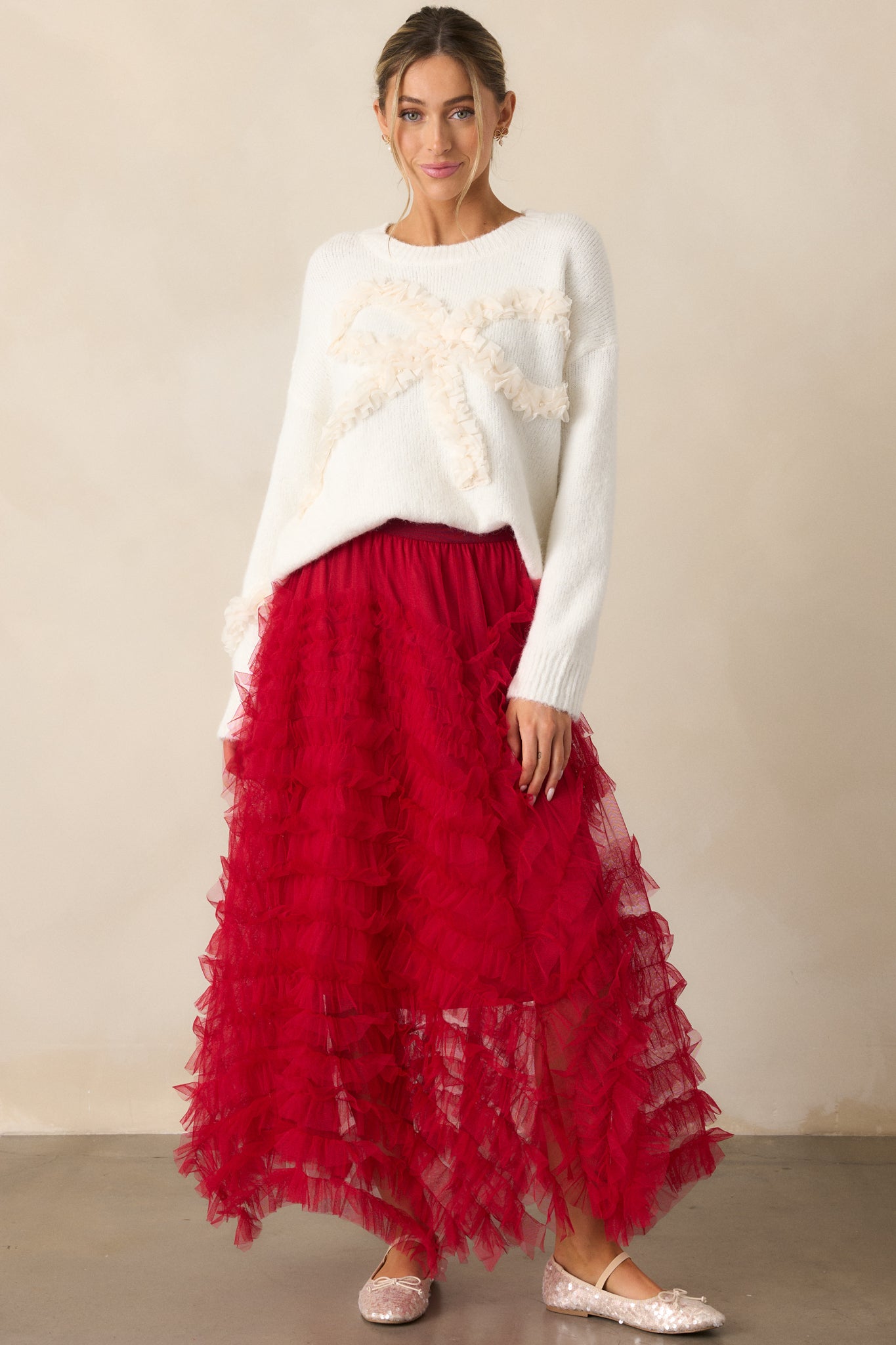 Shopping Spree Red Tulle Midi Skirt